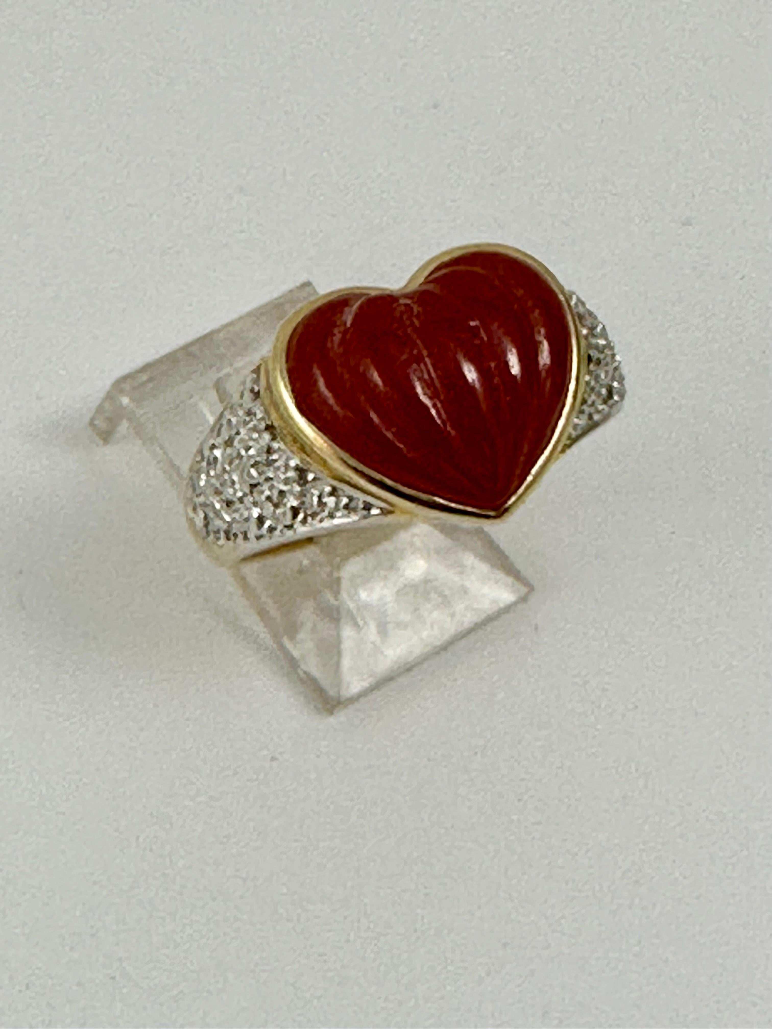 Heart Cut 14kt 2 Tone  Yellow White Gold 13mm Wide Jade Heart Ring Size 9 1/2 For Sale