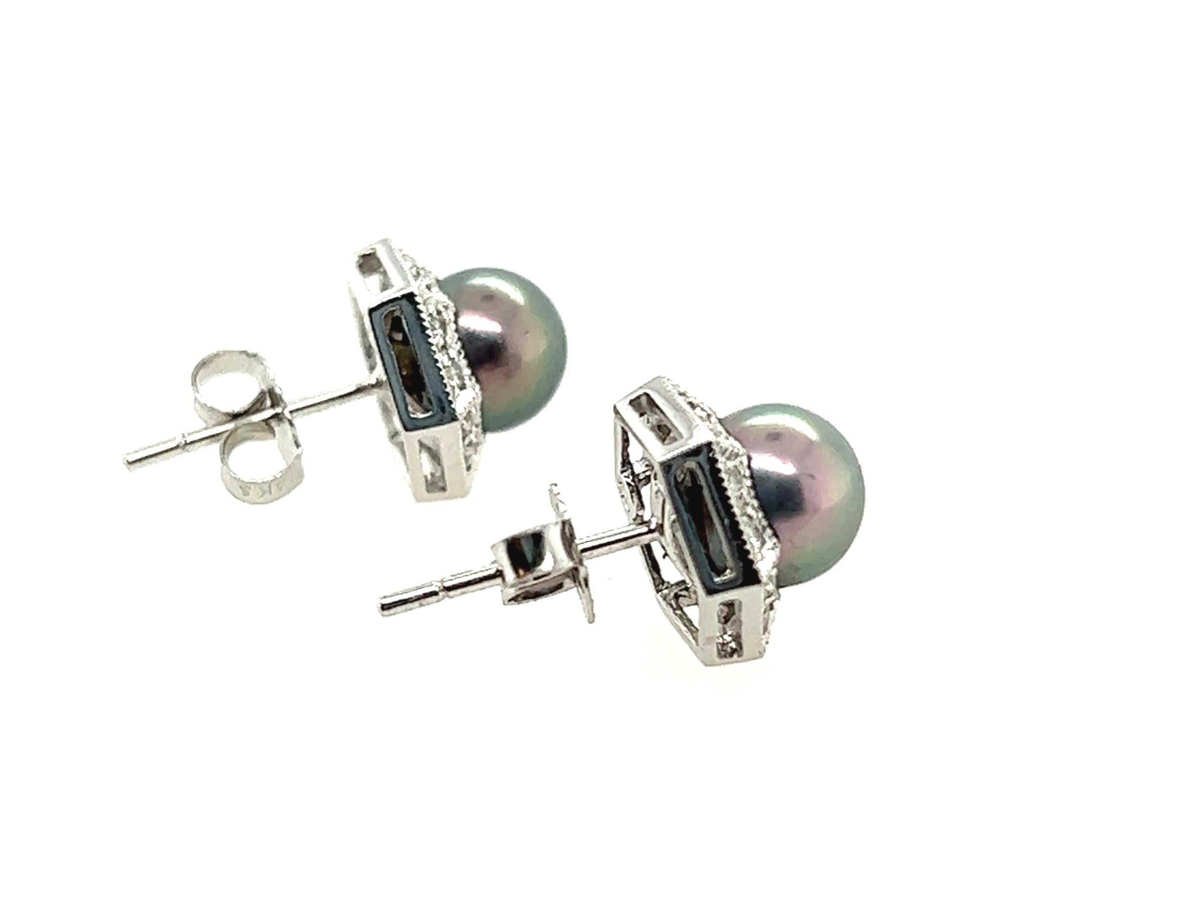 Classic and modern is how I would describe these lovely black pearl and diamond stud earrings. 

The hexagonal setting is made of 14kt white gold and contains approximately .08 carats of diamonds set in a halo around the hexagonal setting. The