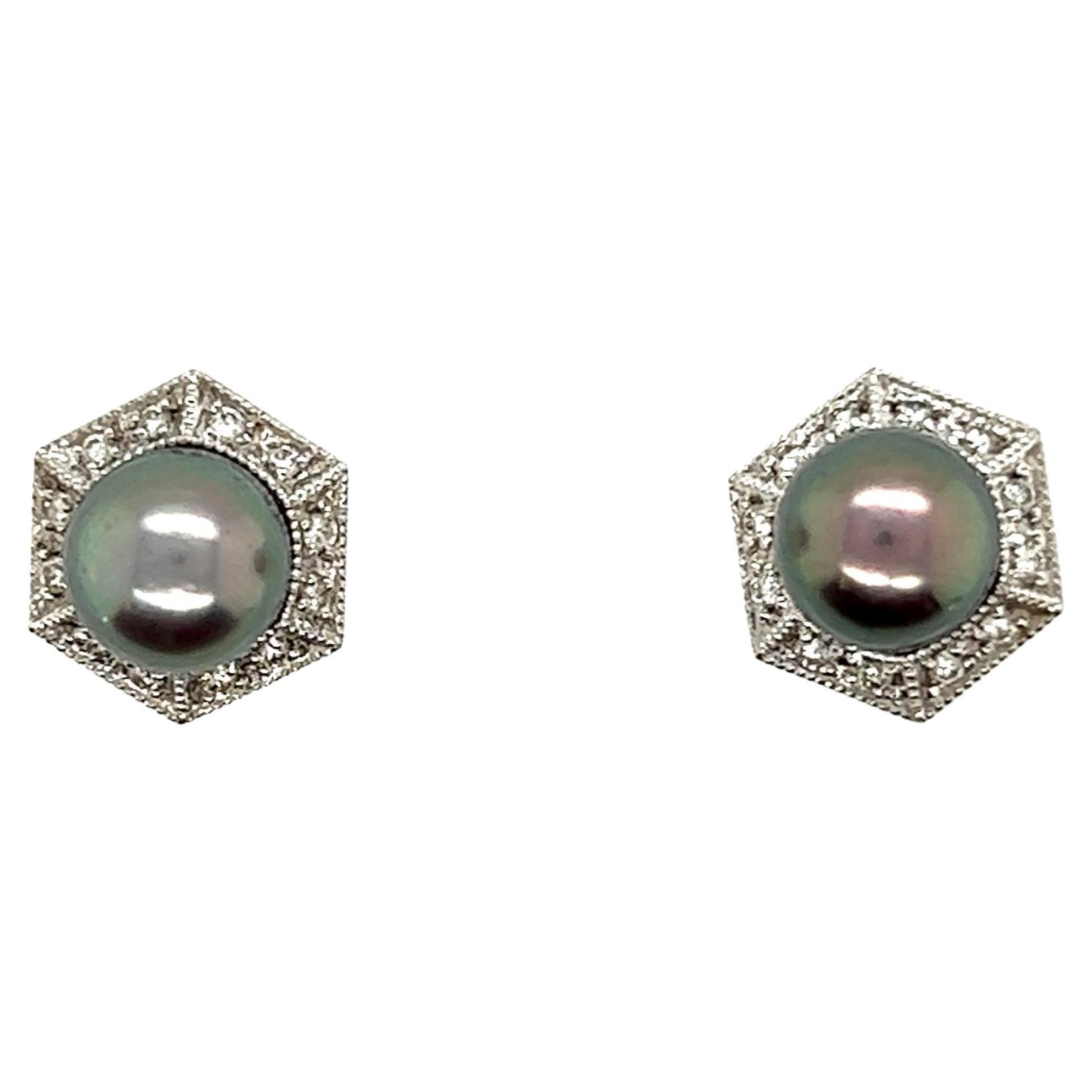 14kt 7mm Black Pearl and Diamond Earrings 