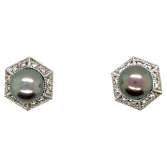 14kt 7mm Ohrringe mit schwarzen Perlen und Diamanten 