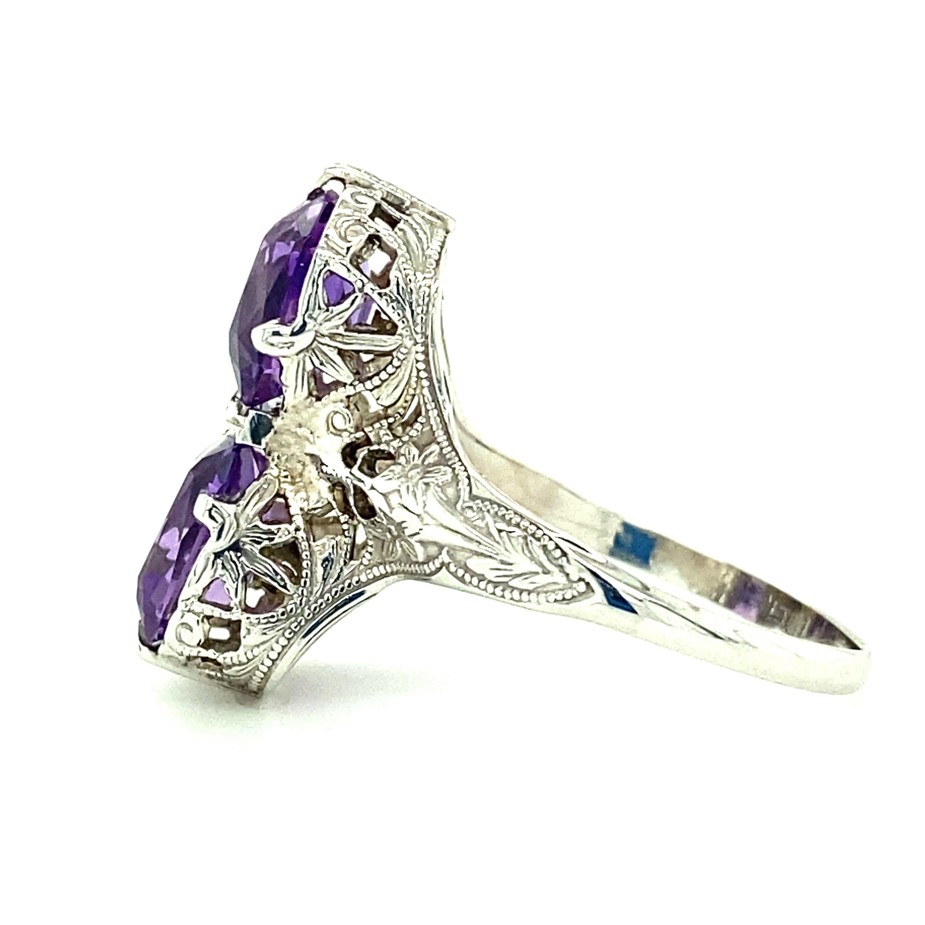 Antique Cushion Cut 14kt Art Deco Amethyst Filigree Toi et Moi Ring