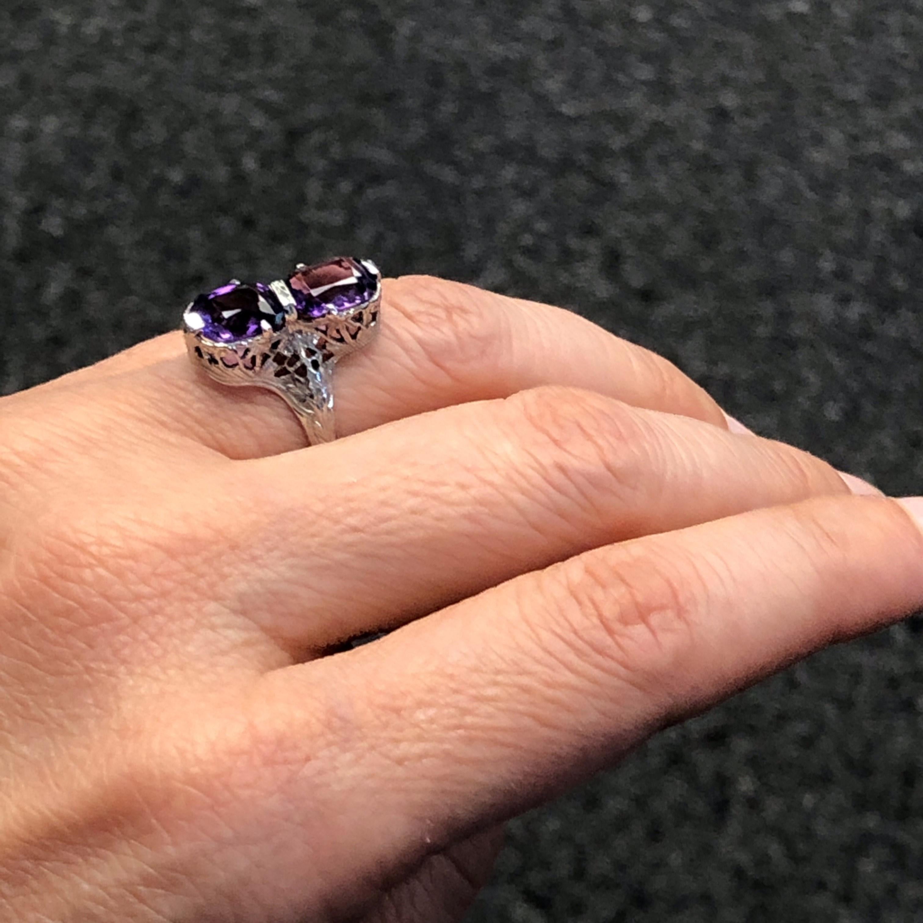 Women's or Men's 14kt Art Deco Amethyst Filigree Toi et Moi Ring