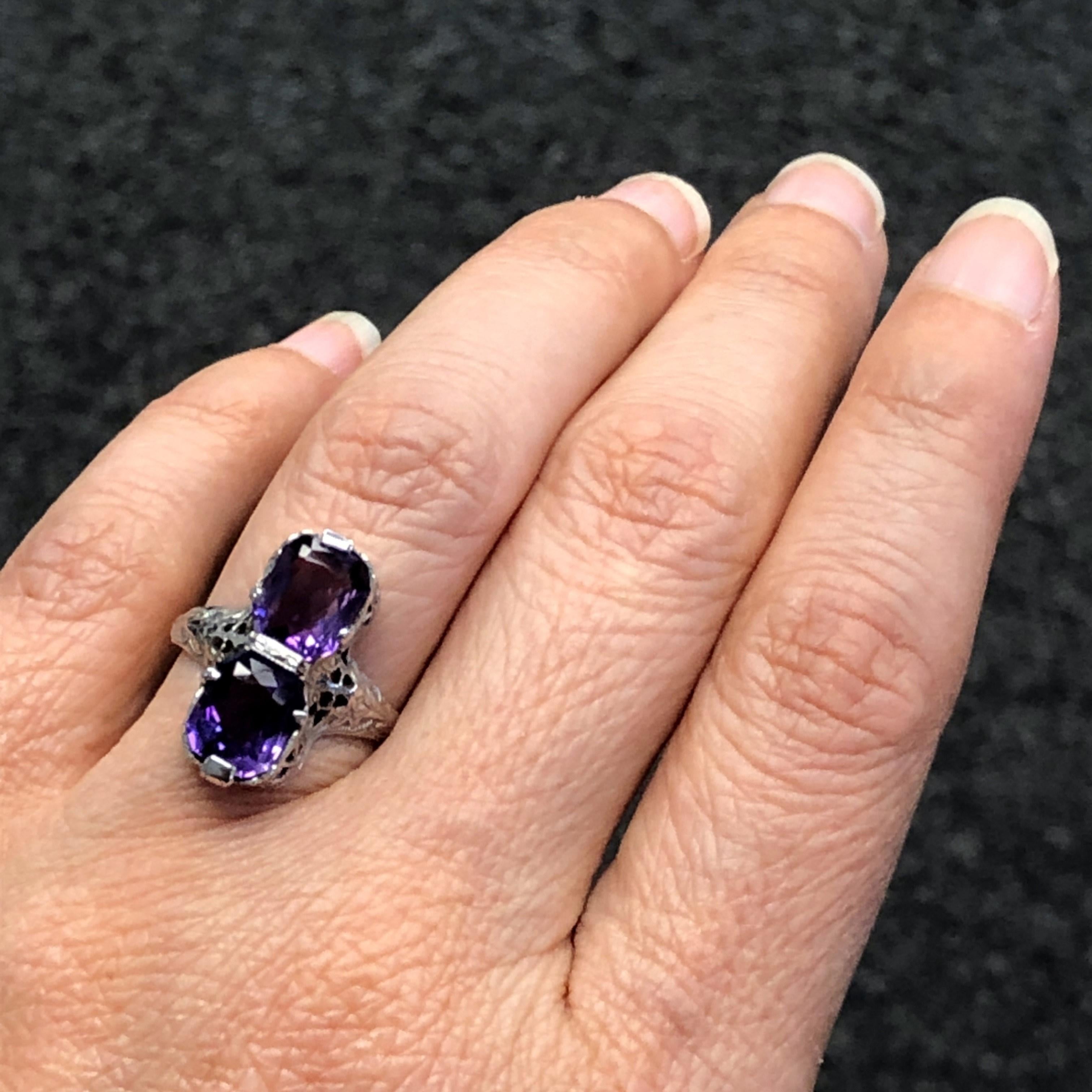 14kt Art Deco Amethyst Filigree Toi et Moi Ring 1