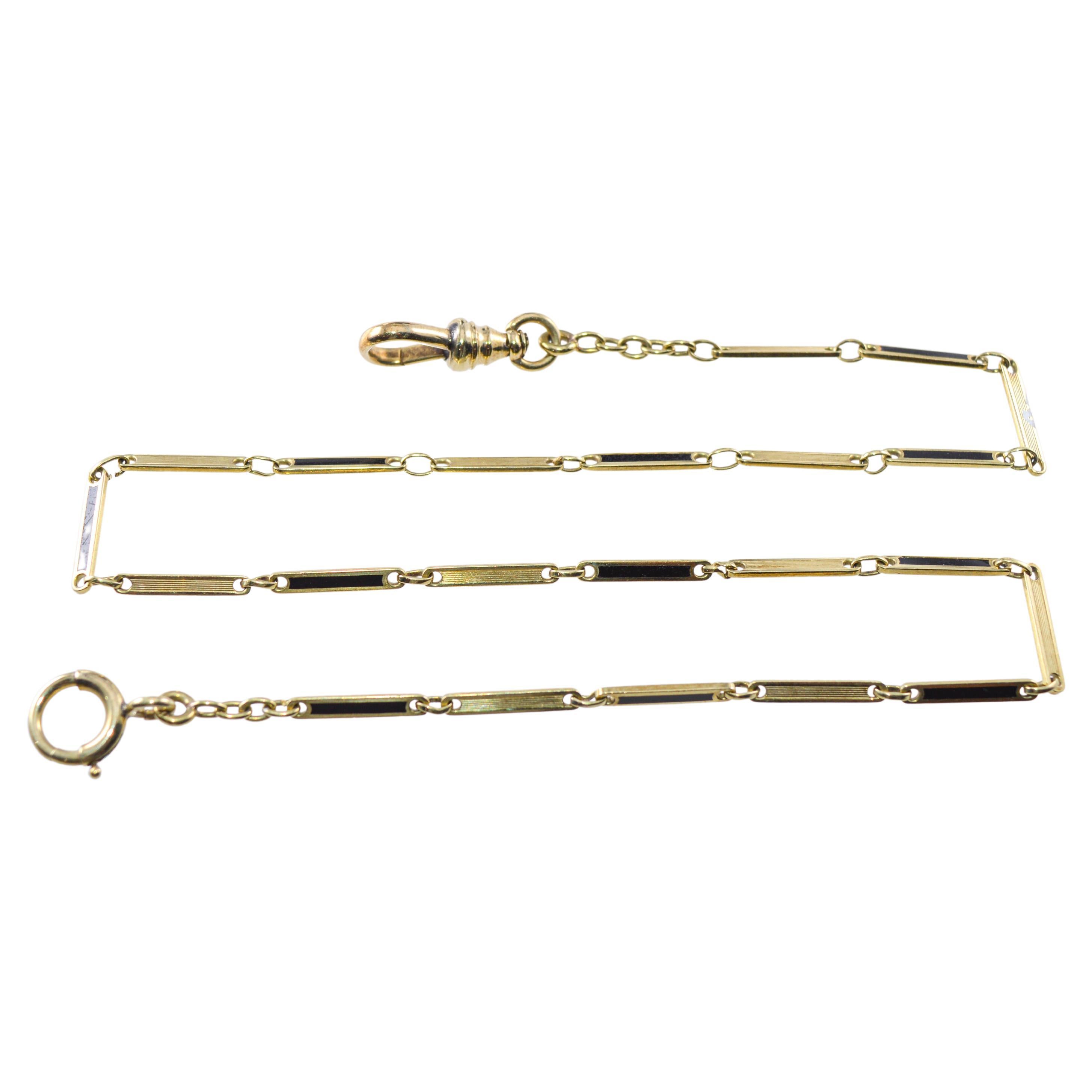Chaîne de montre de poche Art Déco 14Kt, ou collier ou bracelet avec incrustation d
émail
