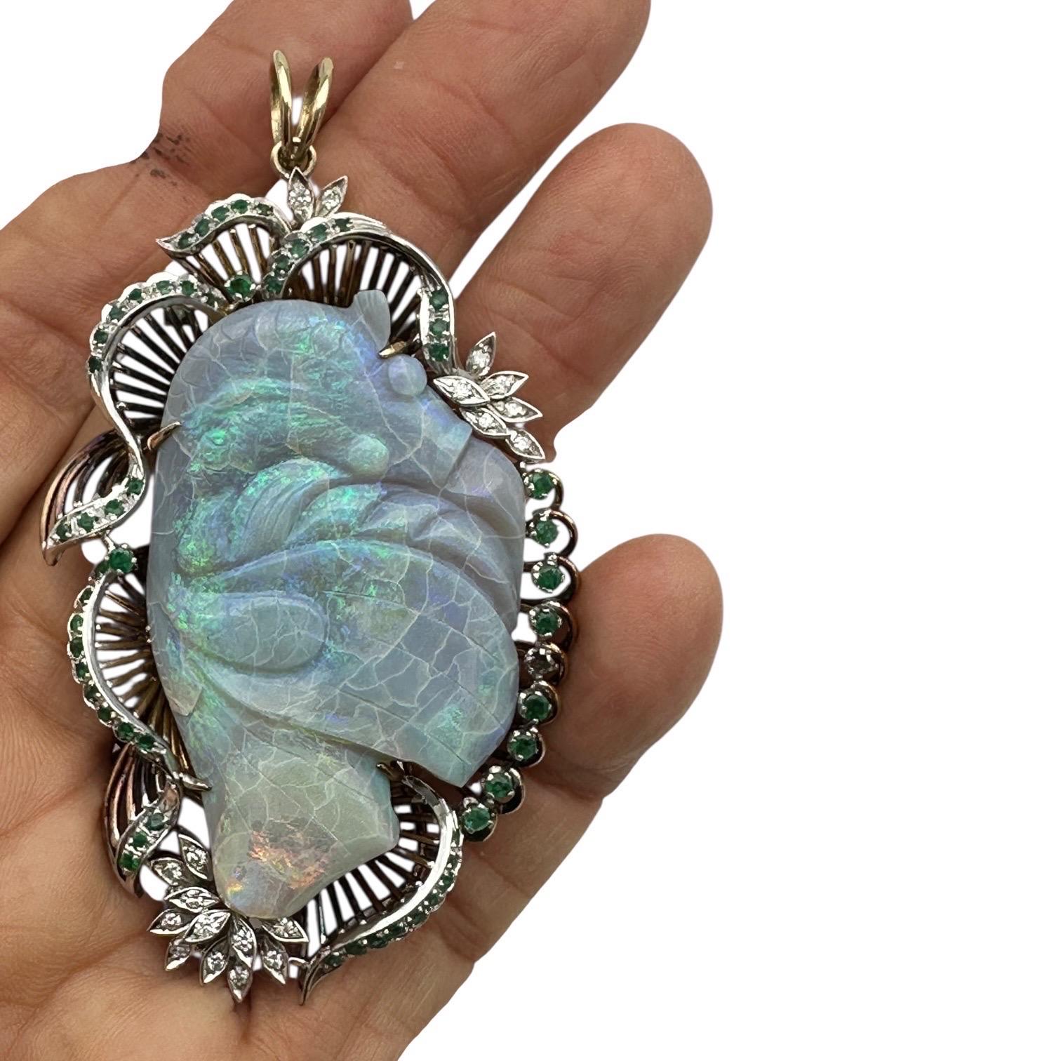 Ciondolo con smeraldo e diamante in 14Kt Black Opal Koi-Fish Carved 3-1/2