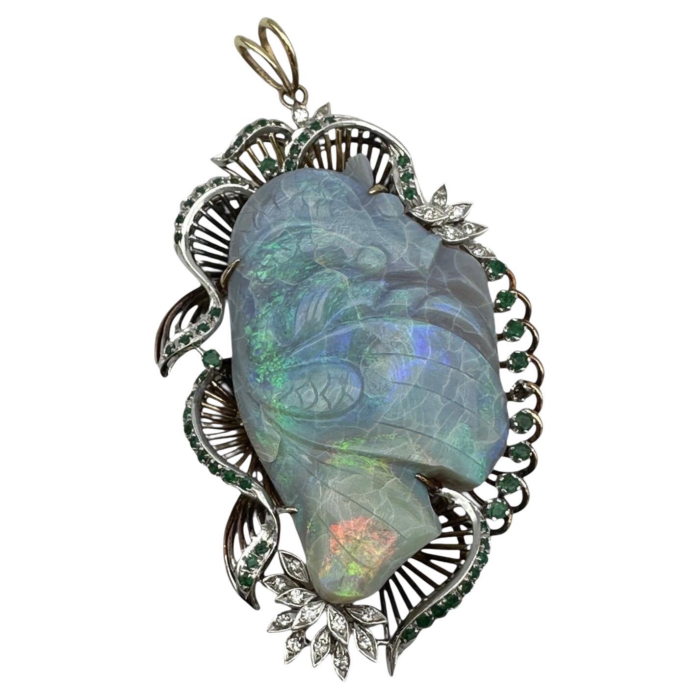 14Kt Black Opal Koi-Fish Carved 3-1/2” Emerald and Diamond Pendant