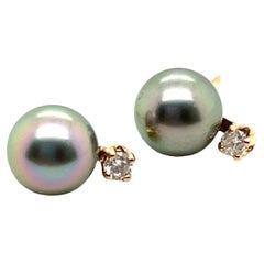 14kt Black Pearl and Diamond Stud Earrings