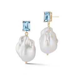 14kt Blue Topaz and Baroque Pearl Drop Earrings