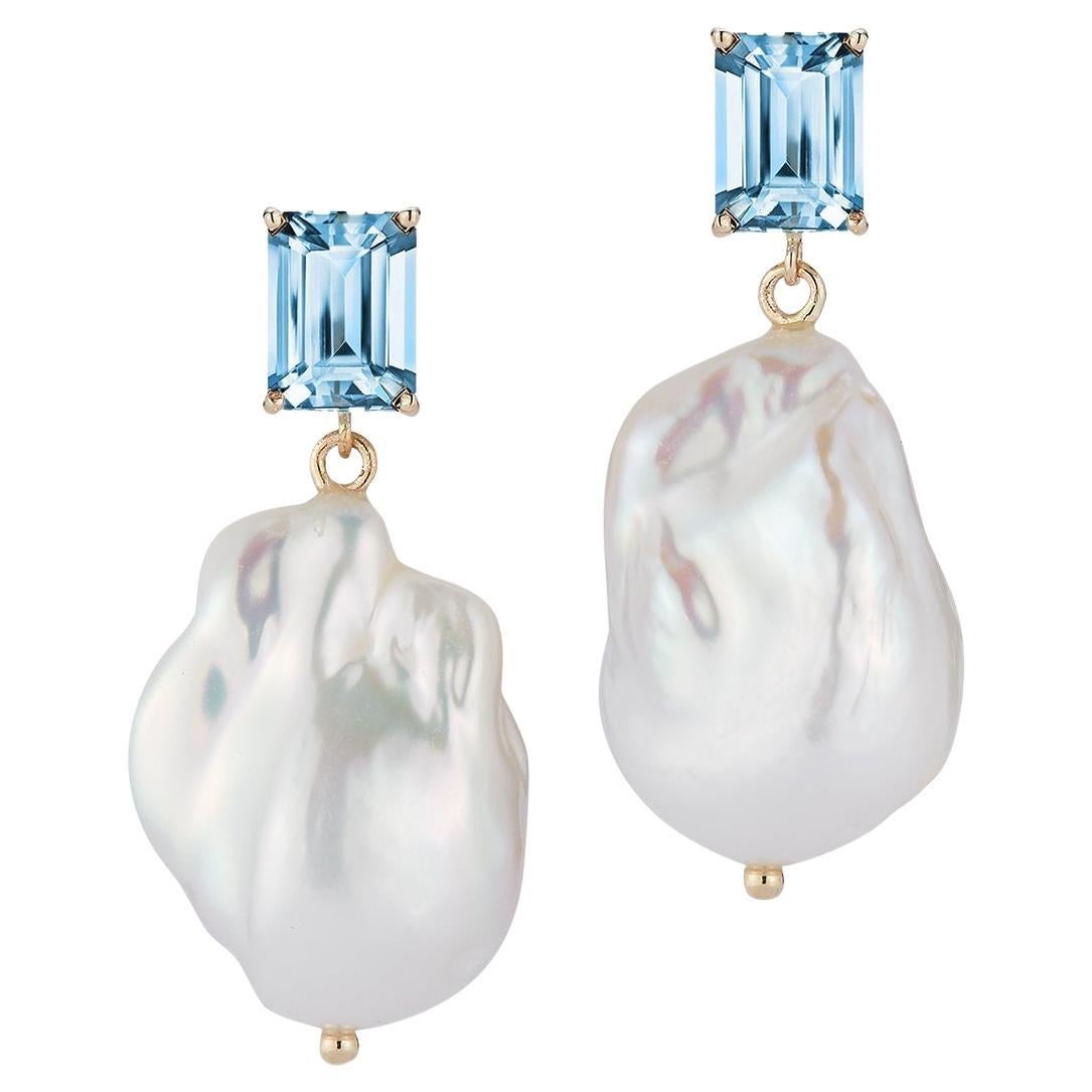 14kt Blue Topaz and Baroque Pearl Drop Earrings For Sale