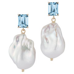 14kt Blue Topaz and Baroque Pearl Drop Earrings
