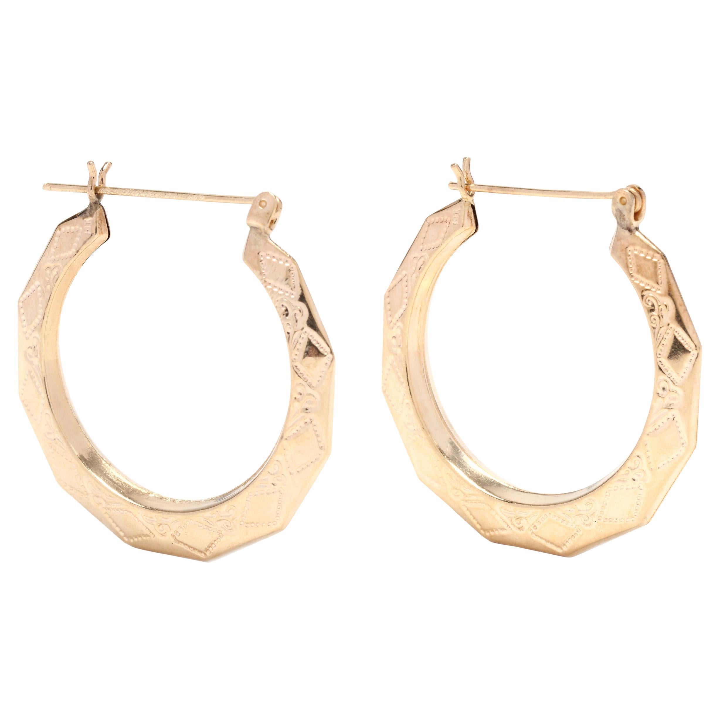 14kt Geometric Engraved Hoops