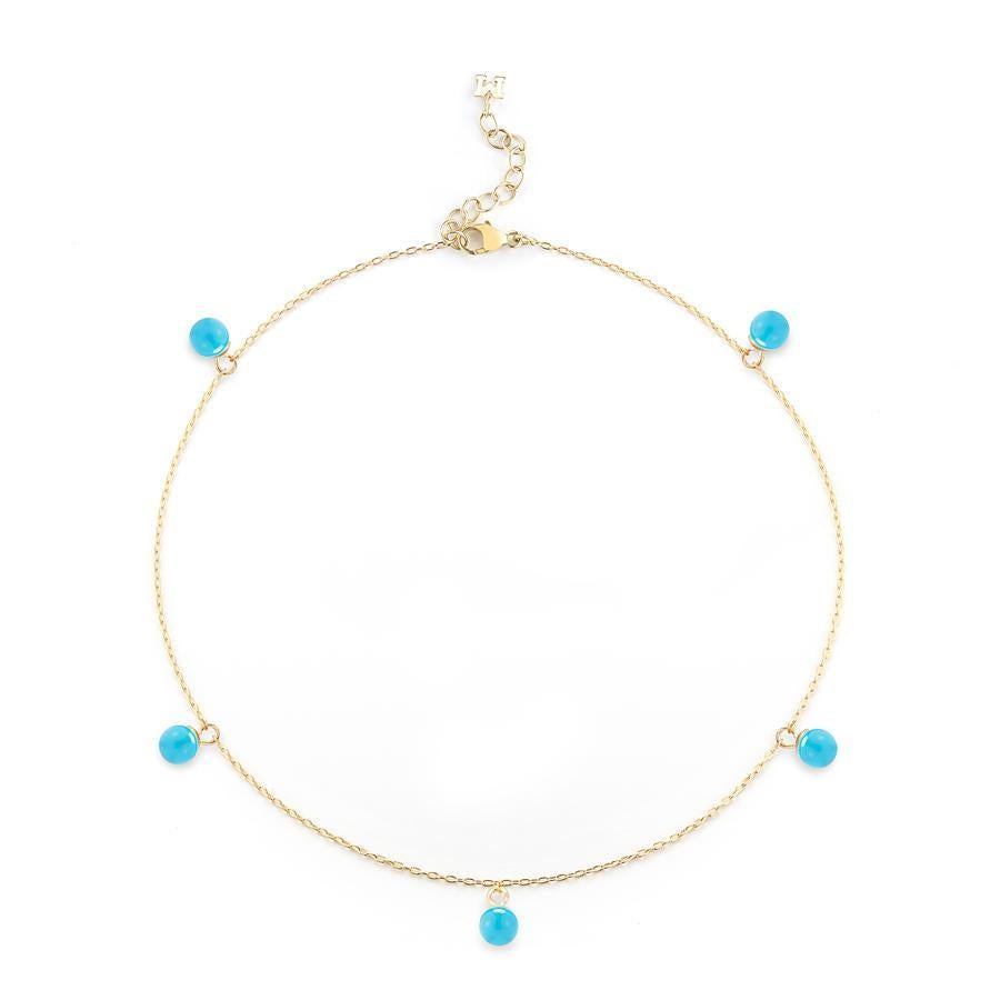 Ball Cut 14 Karat Gold 5-Point Turquoise Anklet For Sale