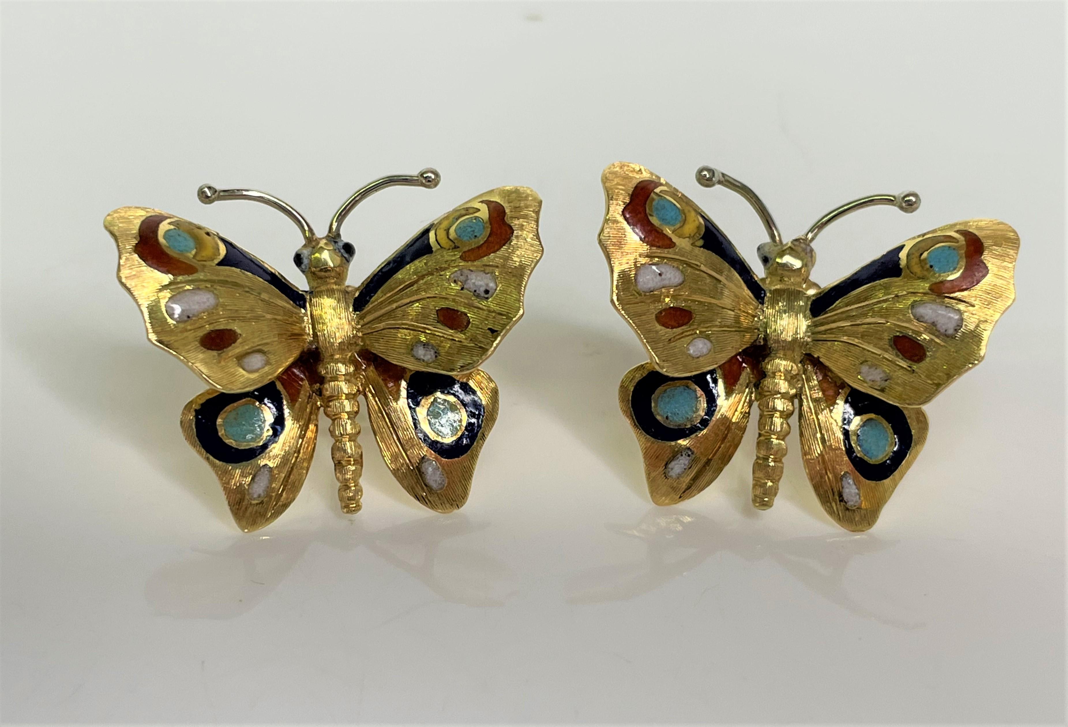 Perfect for any outfit!  These yellow gold butterflies are beautiful and are the perfect size!
Easy to wear, light weight (2.5dwt each)!
14 karat yellow and white gold butterfly earrings with post back.
Black, white, navy, red, yellow, aqua enamel