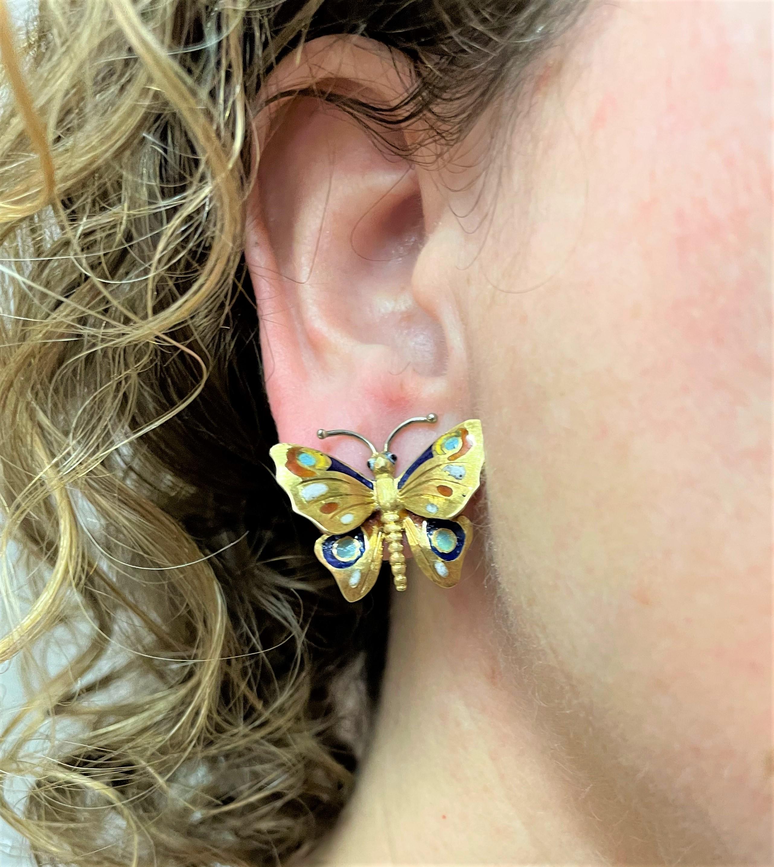 14KT Gold and Enamel Butterfly Earrings For Sale 4