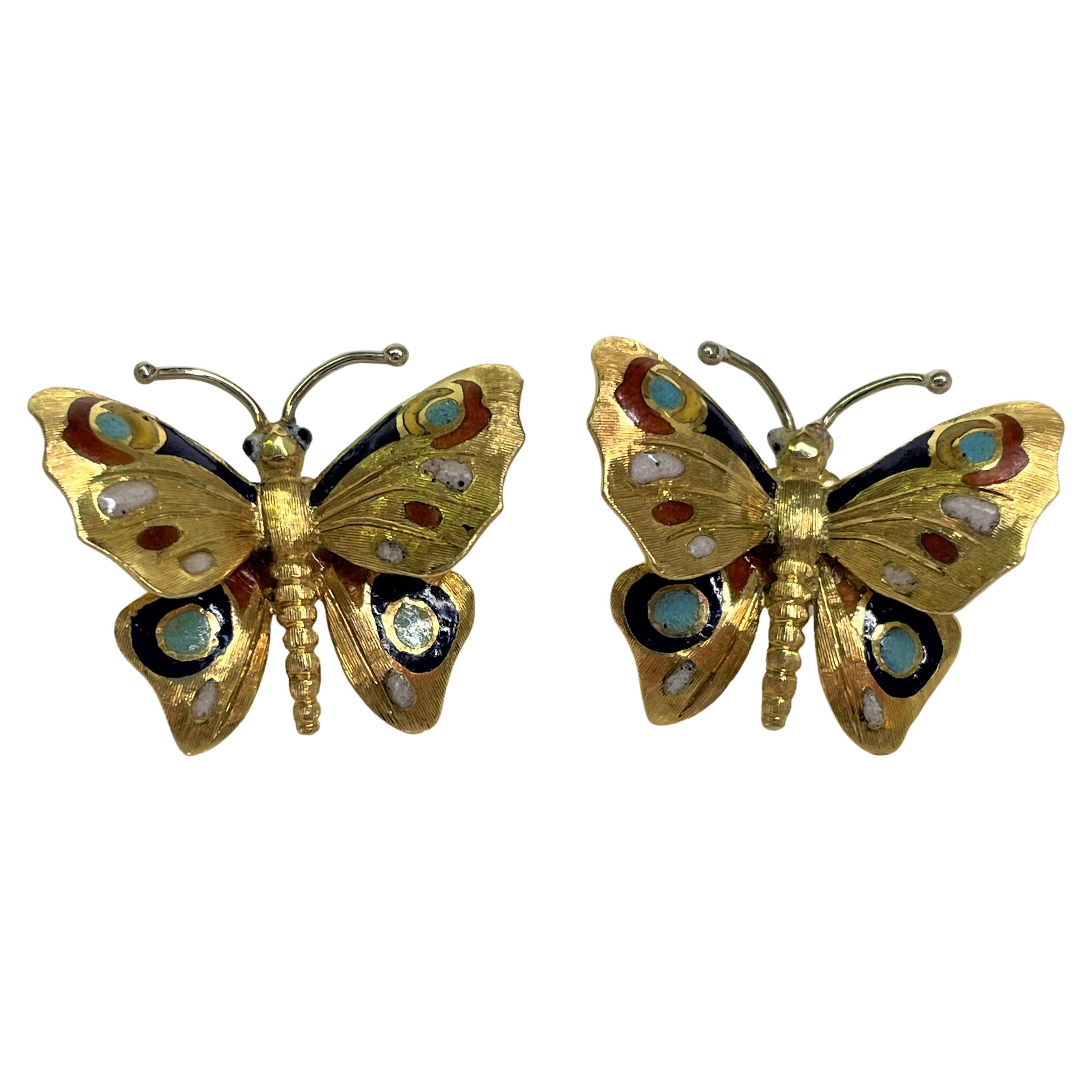 14KT Gold and Enamel Butterfly Earrings For Sale