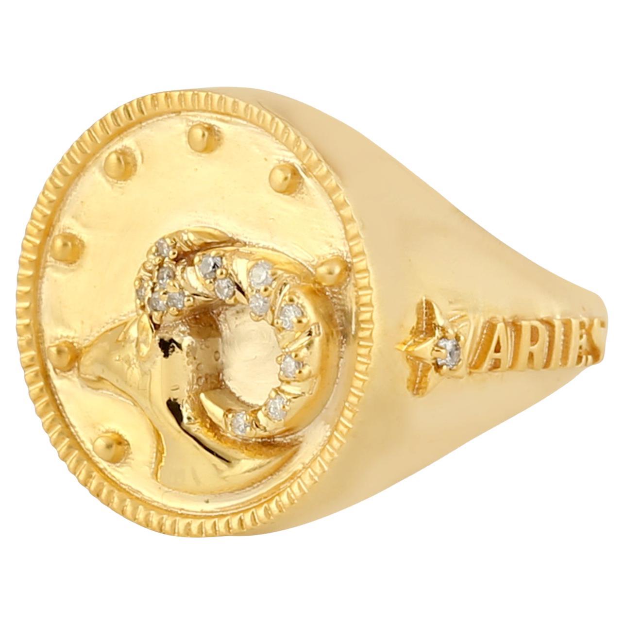 14KT Gold Aries Zodiac Diamond Signet Ring For Sale