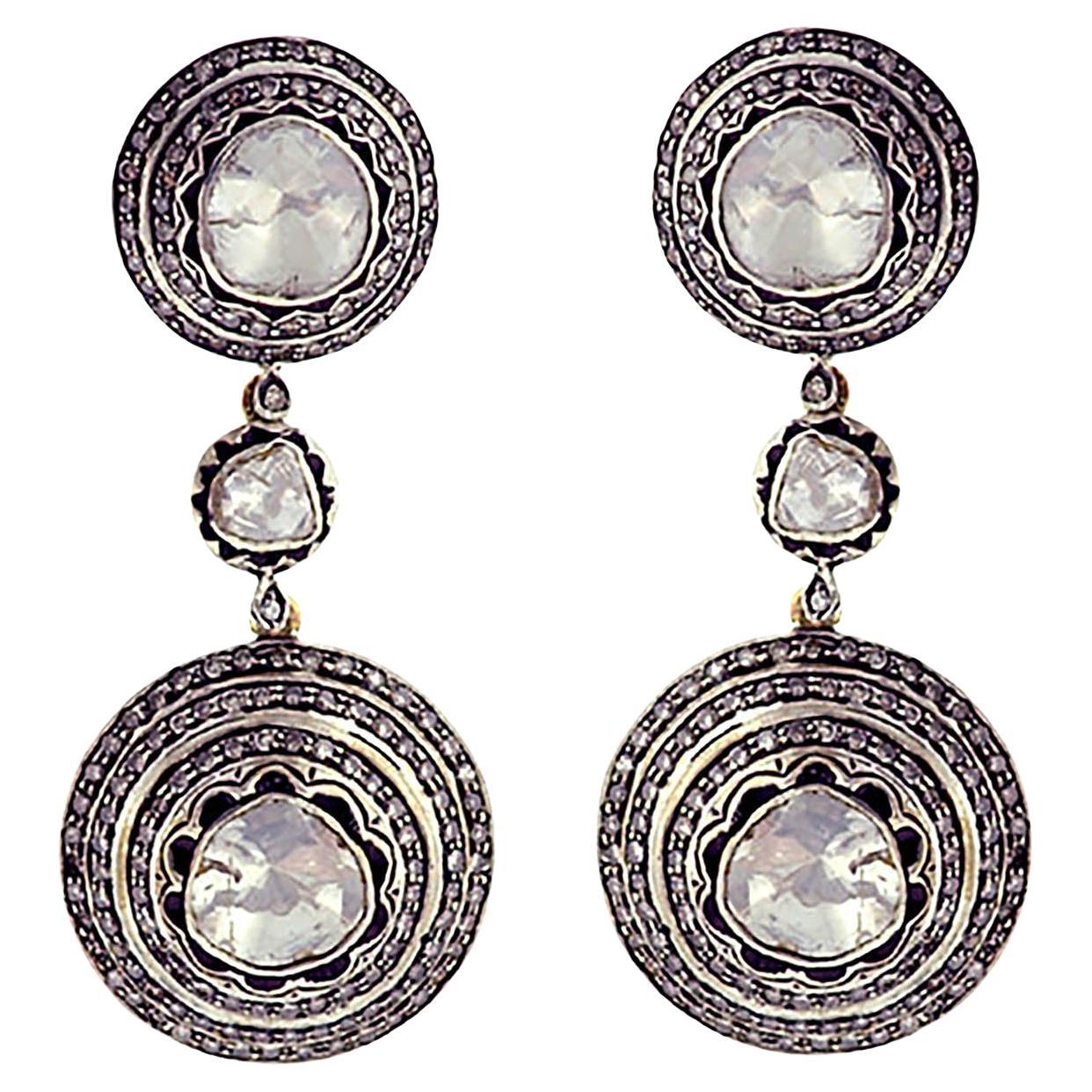 14Kt Gold Art Deco Rose-Cut Diamond Medallion Drop Earrings For Sale