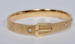 14KT Gold Belt Buckle Design Bangle Set with 3 Diamonds .19ct Total Weight