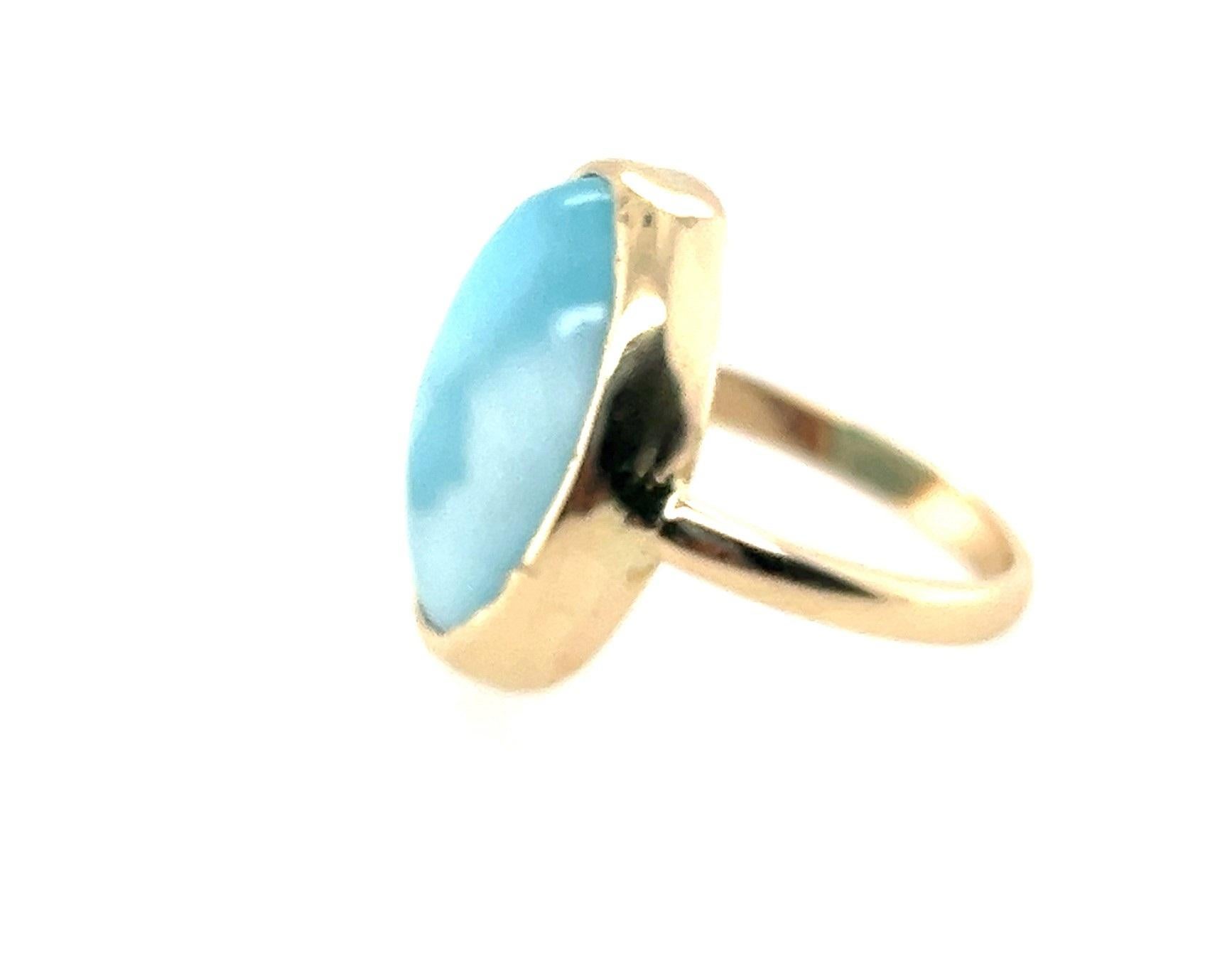 Women's or Men's Contemporary Oval Cabochon Larimar Bezel Set Yellow Gold Fashion Ring