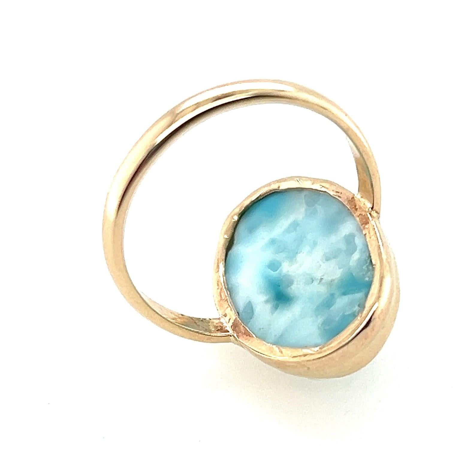 Contemporary Oval Cabochon Larimar Bezel Set Yellow Gold Fashion Ring 1