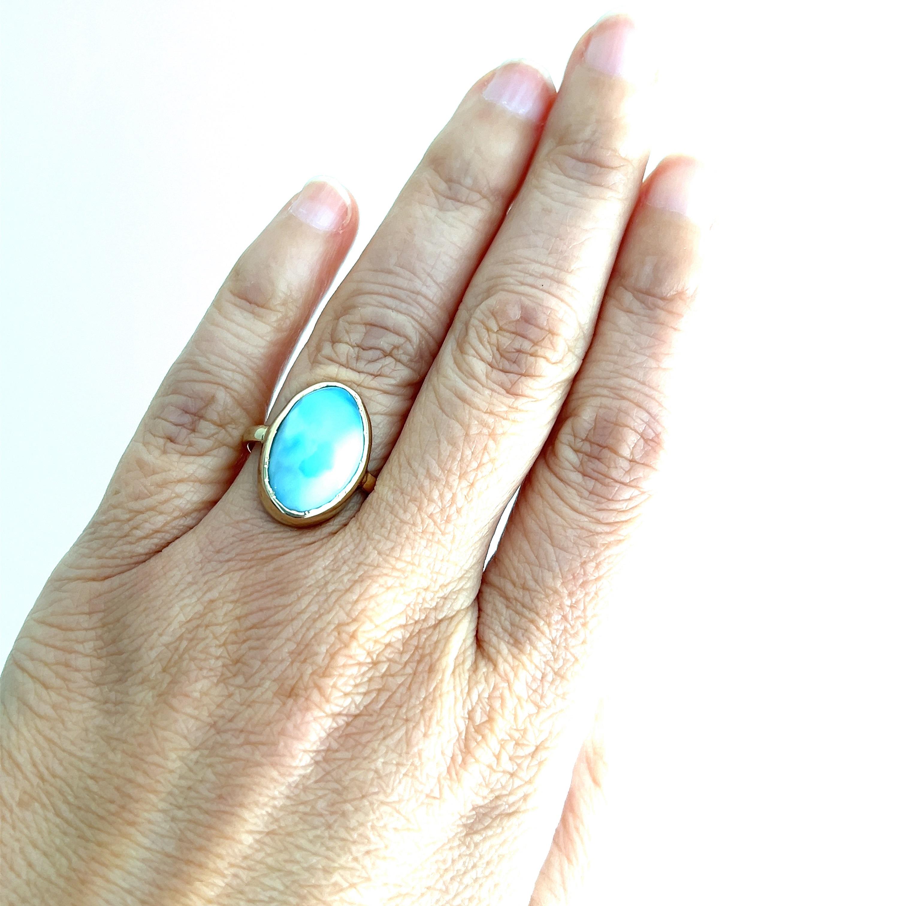 Contemporary Oval Cabochon Larimar Bezel Set Yellow Gold Fashion Ring 4