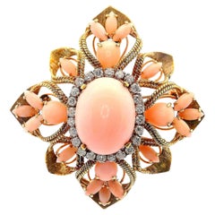 14kt Gold Brooch with Coral and Diamonds Vintage 14kt Gold Brooch with Coral and Diamonds