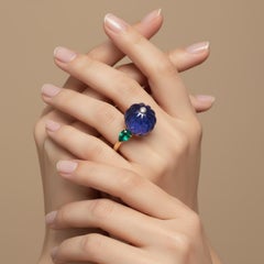 14KT Gold Carved Tanzanite Melon Ring with Pear Emerald Accents