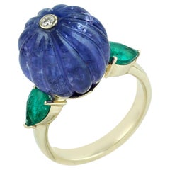 14KT Gold Carved Tanzanite Melon Ring with Pear Emerald Accents