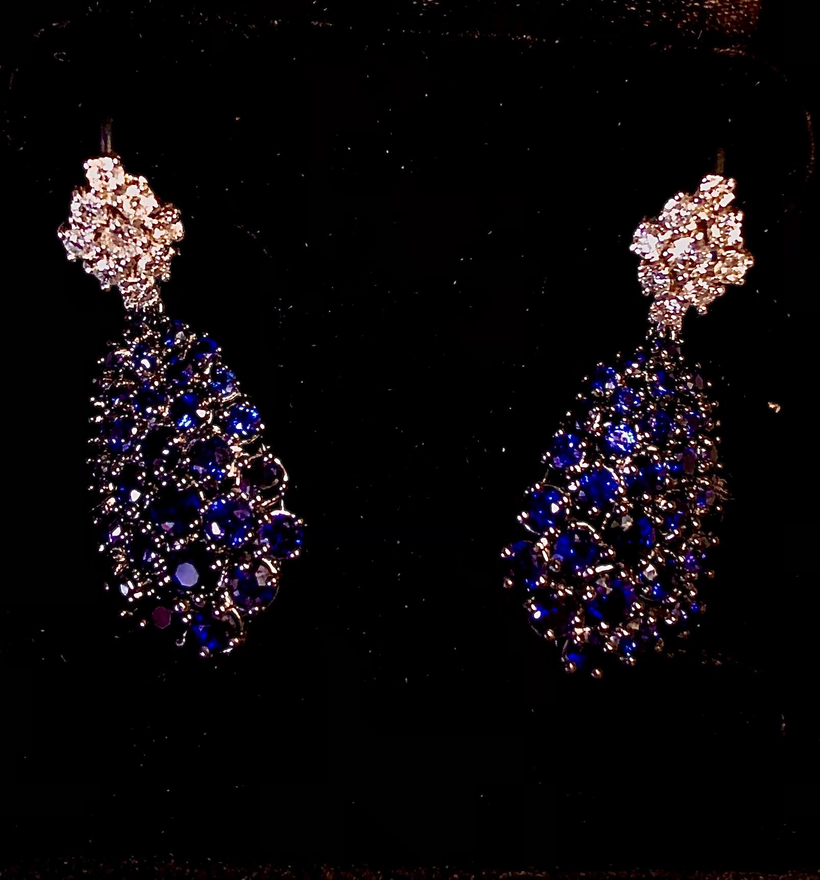 14kt. gold diamond and round cut brilliant deep blue sapphire earrings In Excellent Condition For Sale In New Orleans, LA