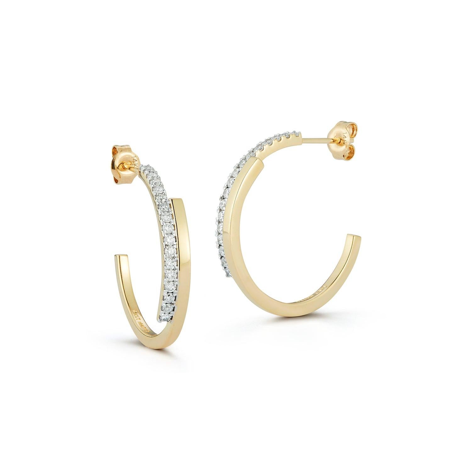 Modern 14kt Gold Diamond Bypass Hoops For Sale