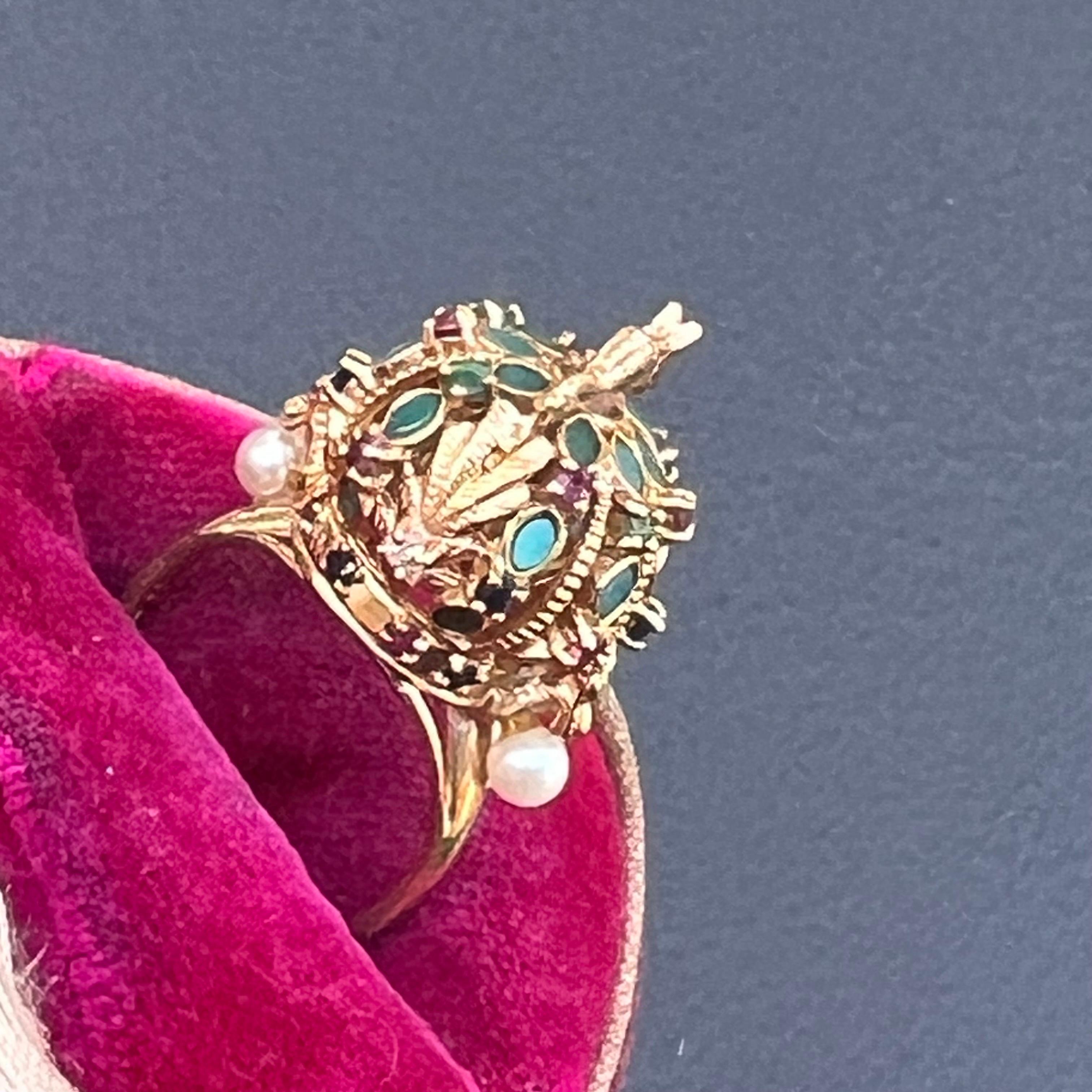14kt Gold Diamond Emerald Sapphire Ruby Dragon Harem Ring  For Sale 4