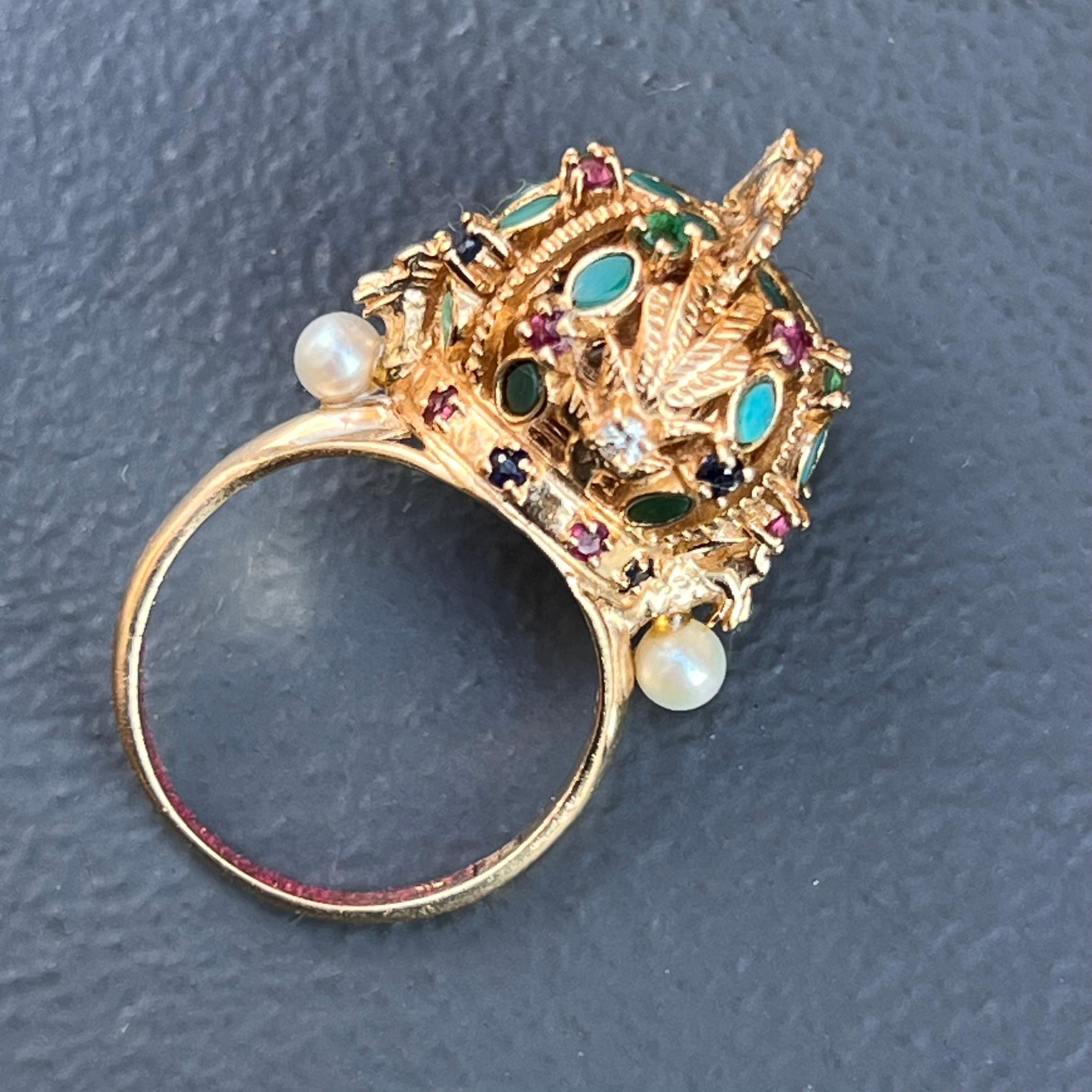 Absolutely beautiful details on this 14kt yellow gold harem ring . Ring has hollow dome top with genuine stones and is topped with a small dragon .
Marked 14kt and faded Chinese mark (looks to me like that) on inner side of band and FM 84 on other