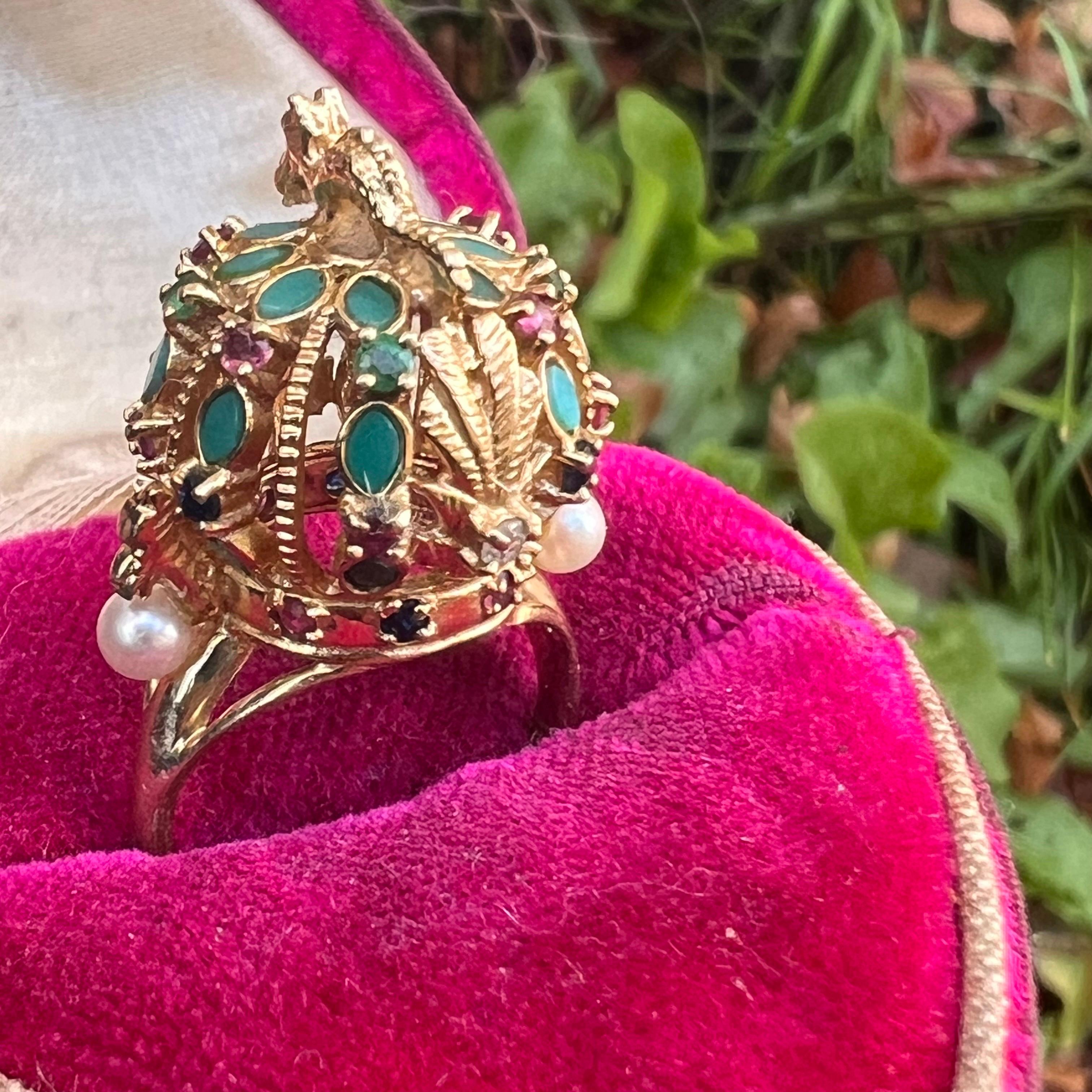 14kt Gold Diamond Emerald Sapphire Ruby Dragon Harem Ring  In Good Condition For Sale In Plainsboro, NJ