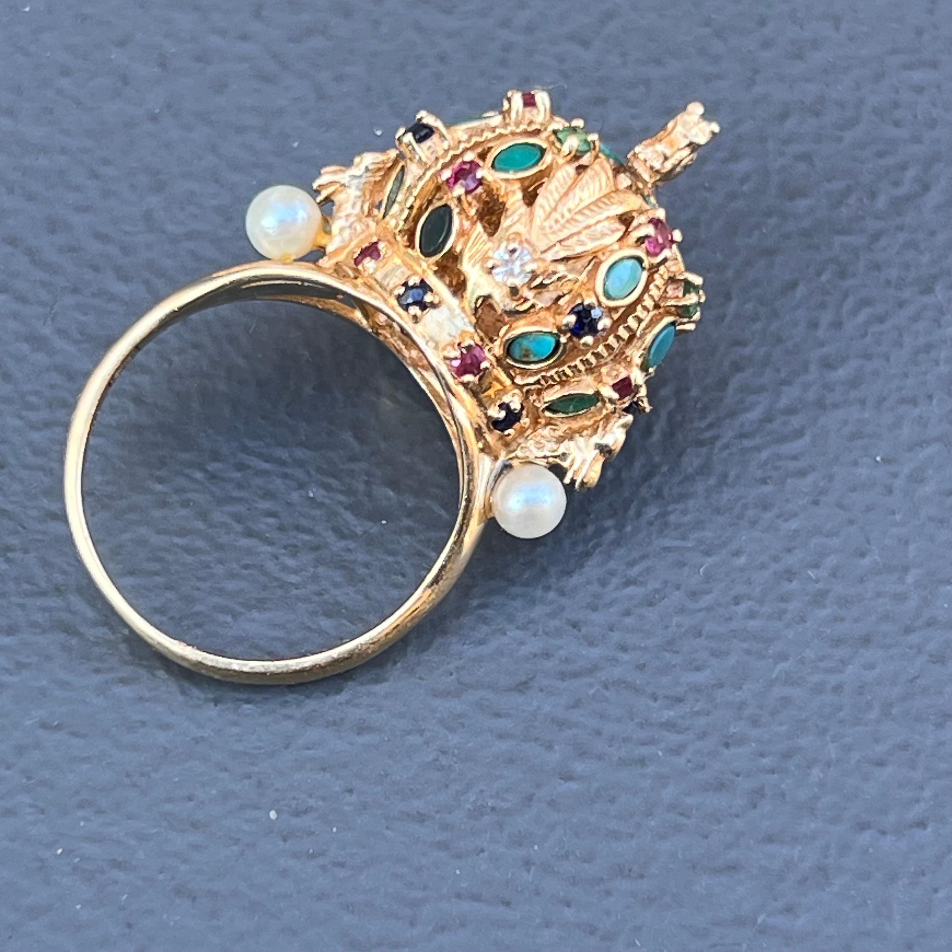 Women's 14kt Gold Diamond Emerald Sapphire Ruby Dragon Harem Ring  For Sale