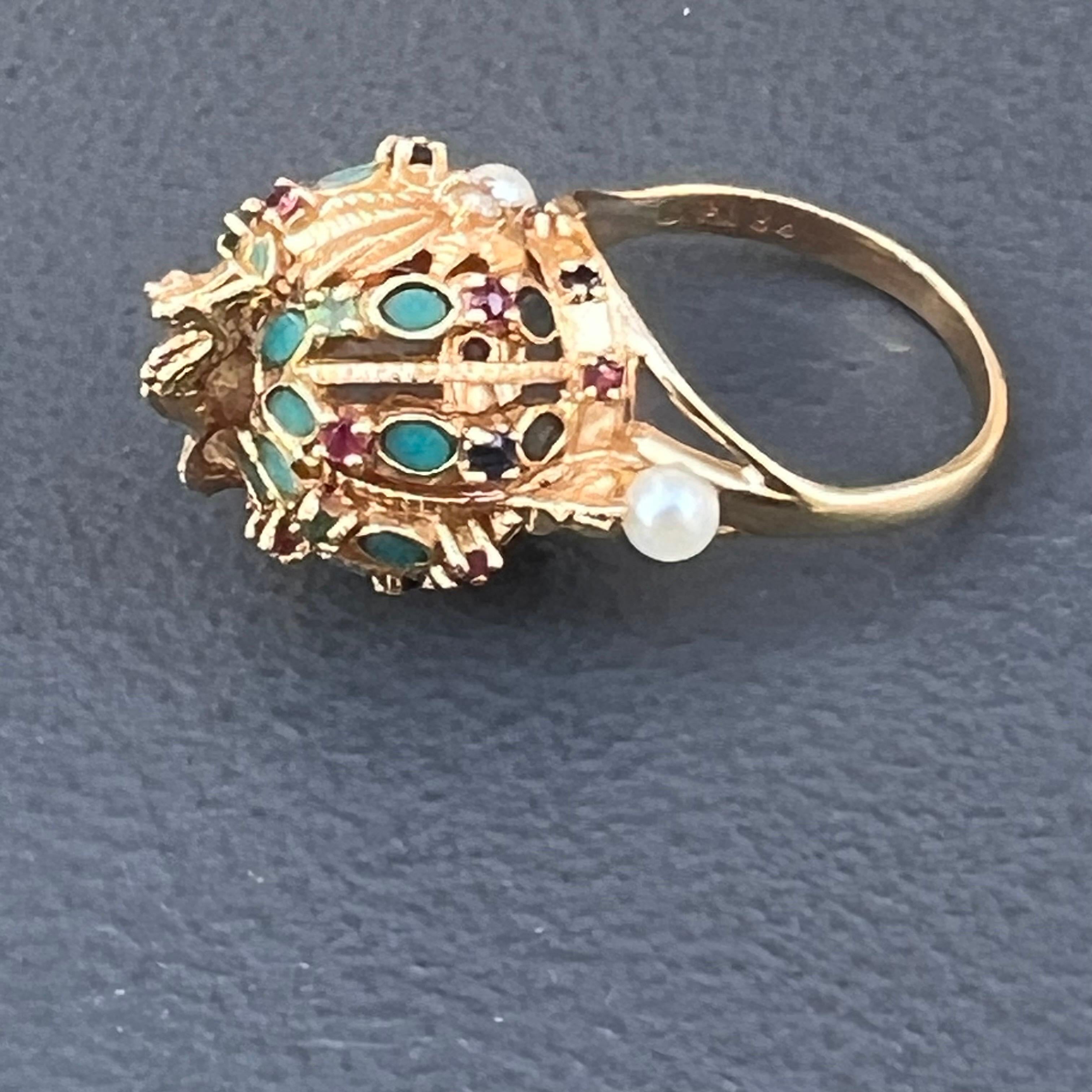 14kt Gold Diamond Emerald Sapphire Ruby Dragon Harem Ring  For Sale 2