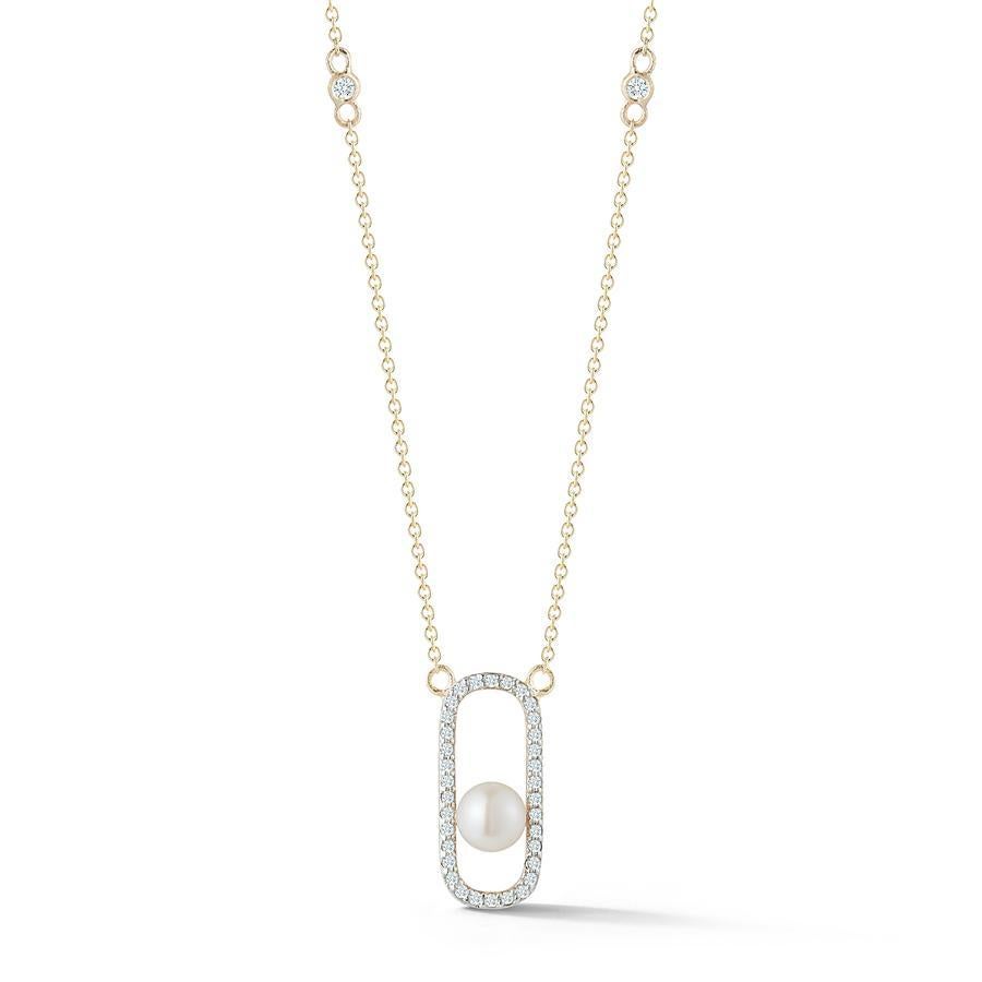 Ball Cut 14 Karat Gold Diamond Pearl Track Necklace For Sale