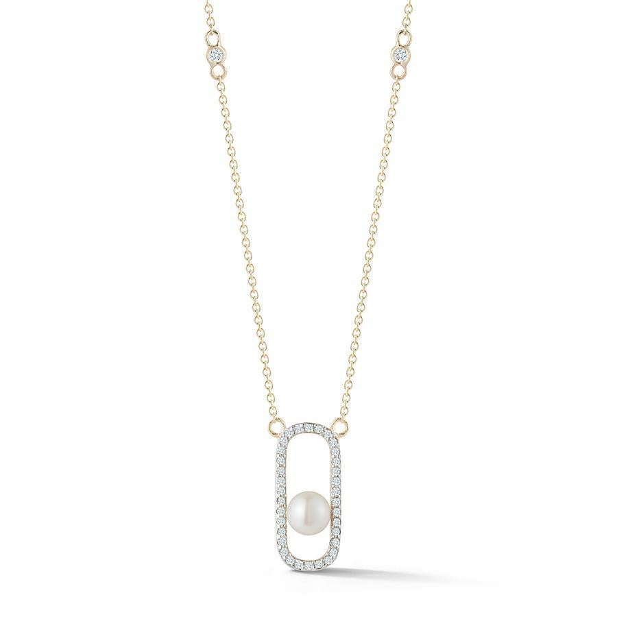 14 Karat Gold Diamond Pearl Track Necklace In New Condition For Sale In Houston, TX