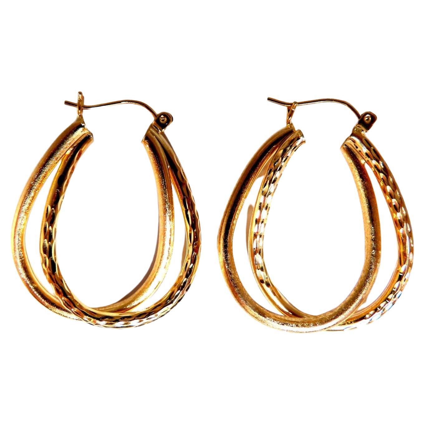 14Kt Gold Double Hoop Earrings Tubular Plain 1.2 inch long For Sale