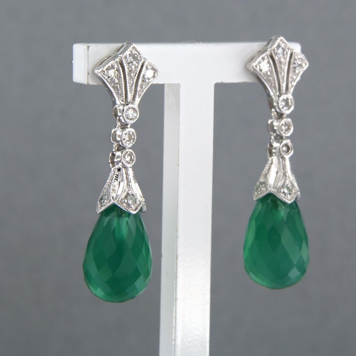 Art Deco 14kt gold earrings with green chalcedony and single cut diamond total 0.34ct For Sale