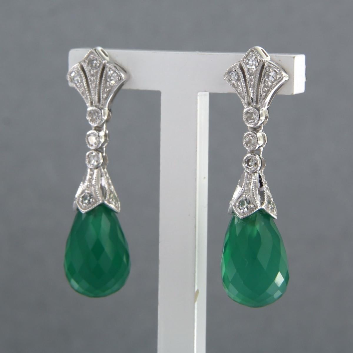 Single Cut 14kt gold earrings with green chalcedony and single cut diamond total 0.34ct For Sale