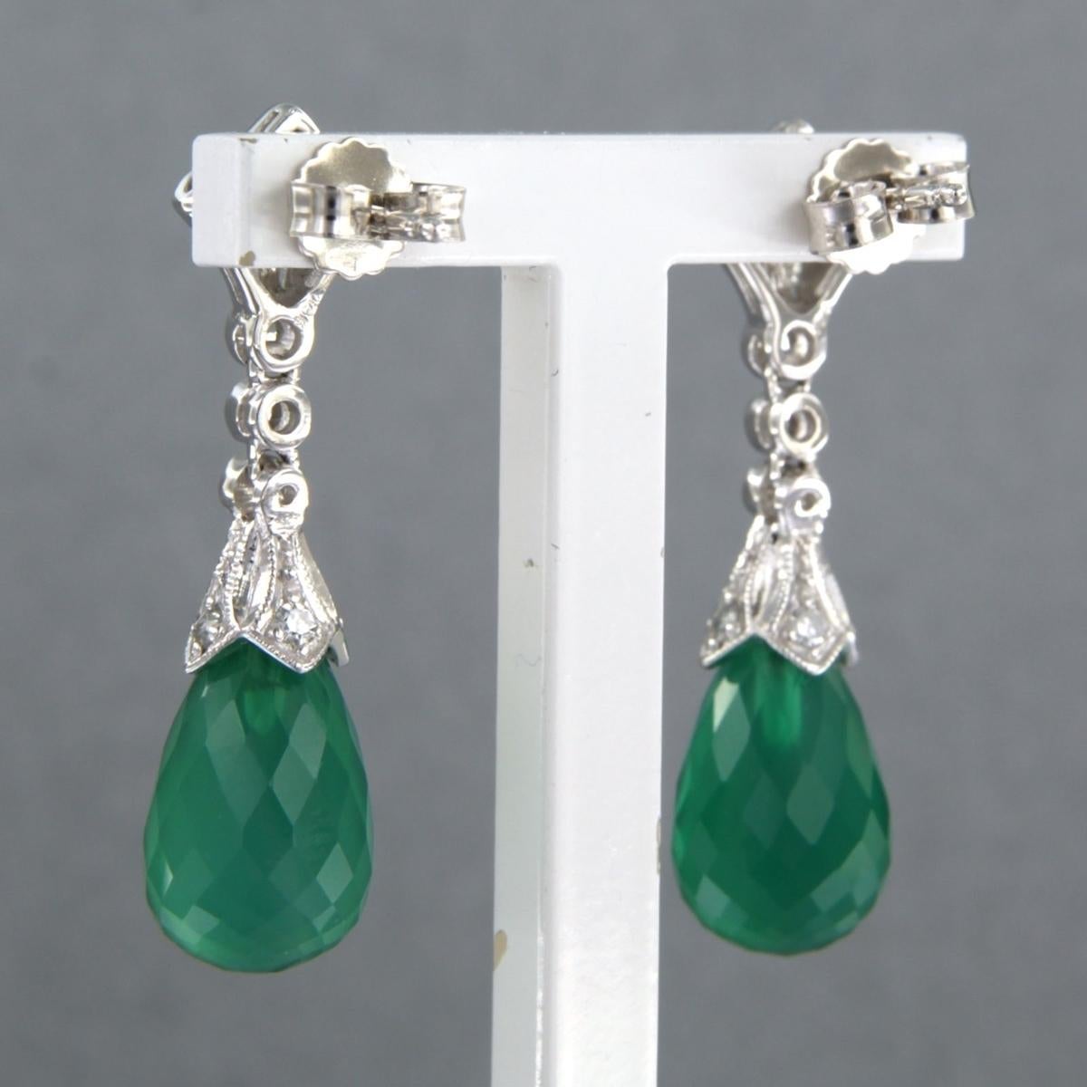 14kt gold earrings with green chalcedony and single cut diamond total 0.34ct In New Condition For Sale In The Hague, ZH