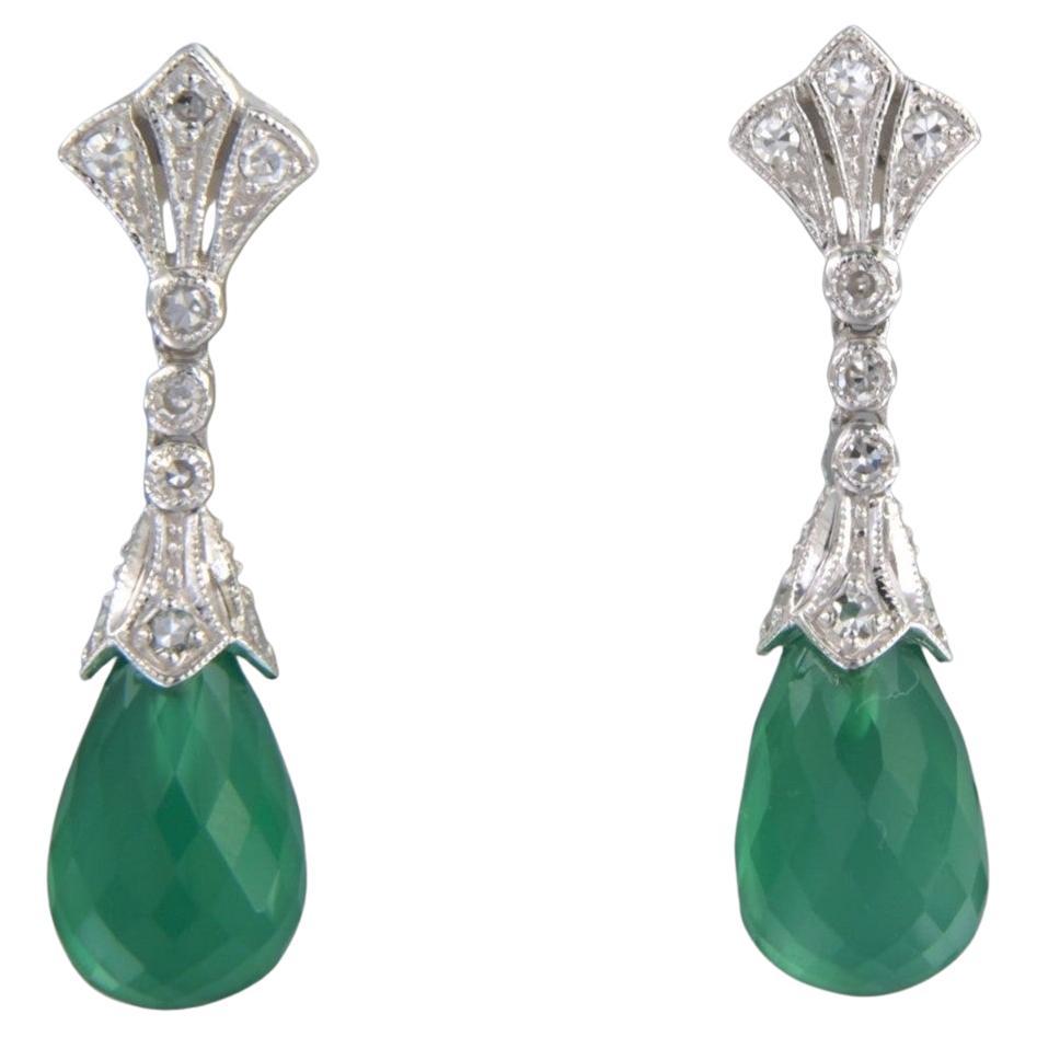 14kt gold earrings with green chalcedony and single cut diamond total 0.34ct For Sale