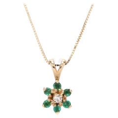 14KT Gold, Emerald and Diamond Flower Pendant Necklace