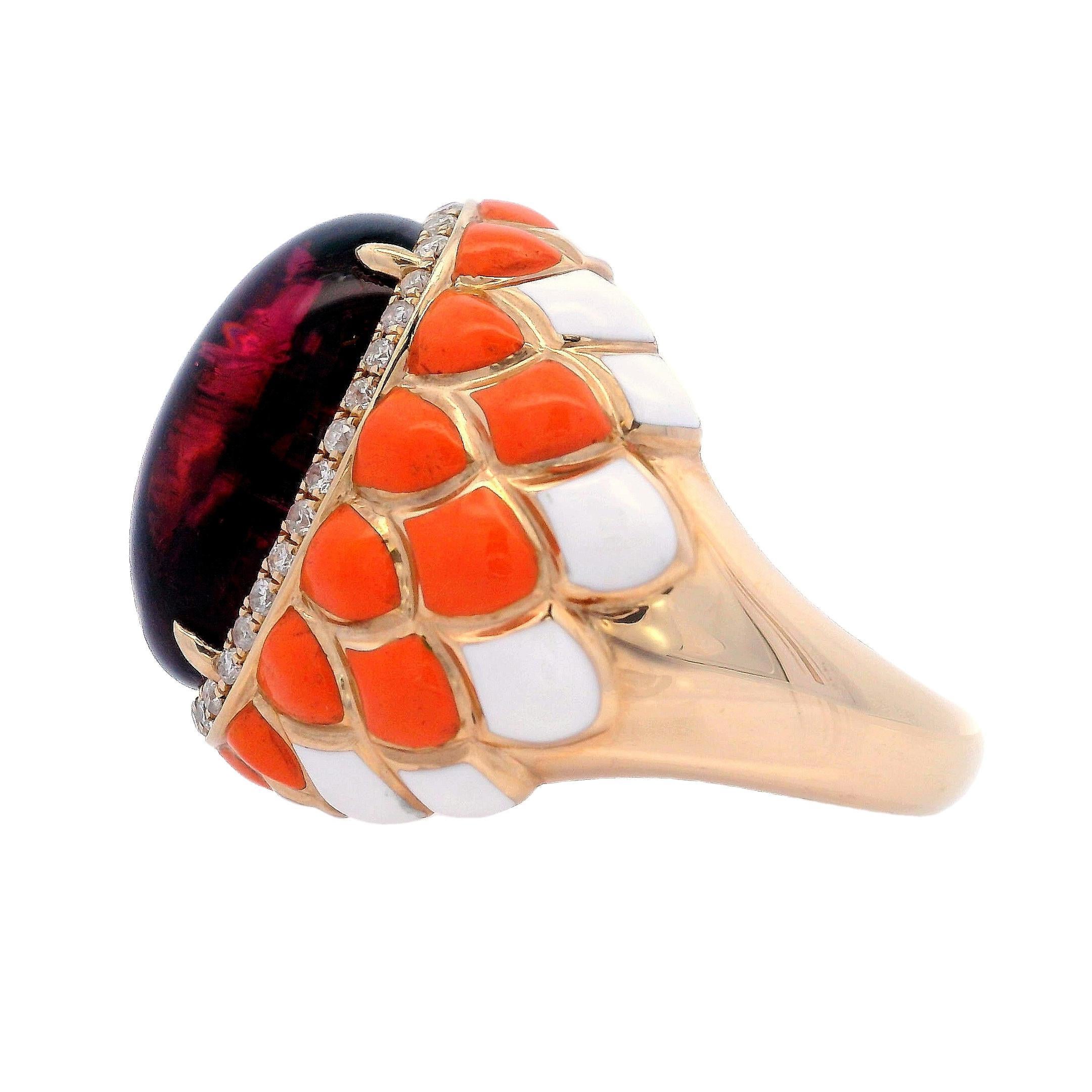 Contemporary 14kt Gold enamel Ring with Pink Tourmaline and Diamonds For Sale