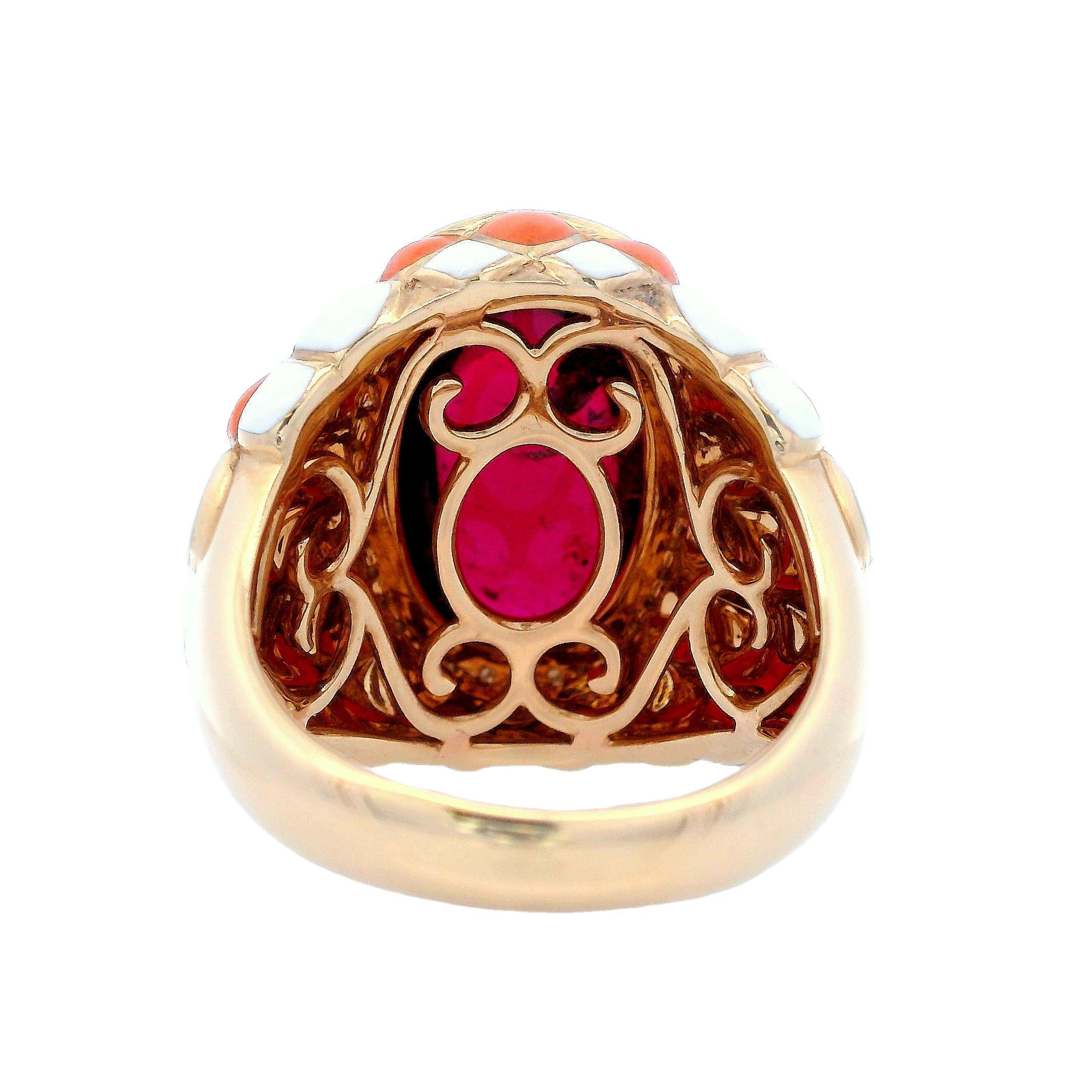 14kt Gold enamel Ring with Pink Tourmaline and Diamonds In Excellent Condition For Sale In Aventura, FL