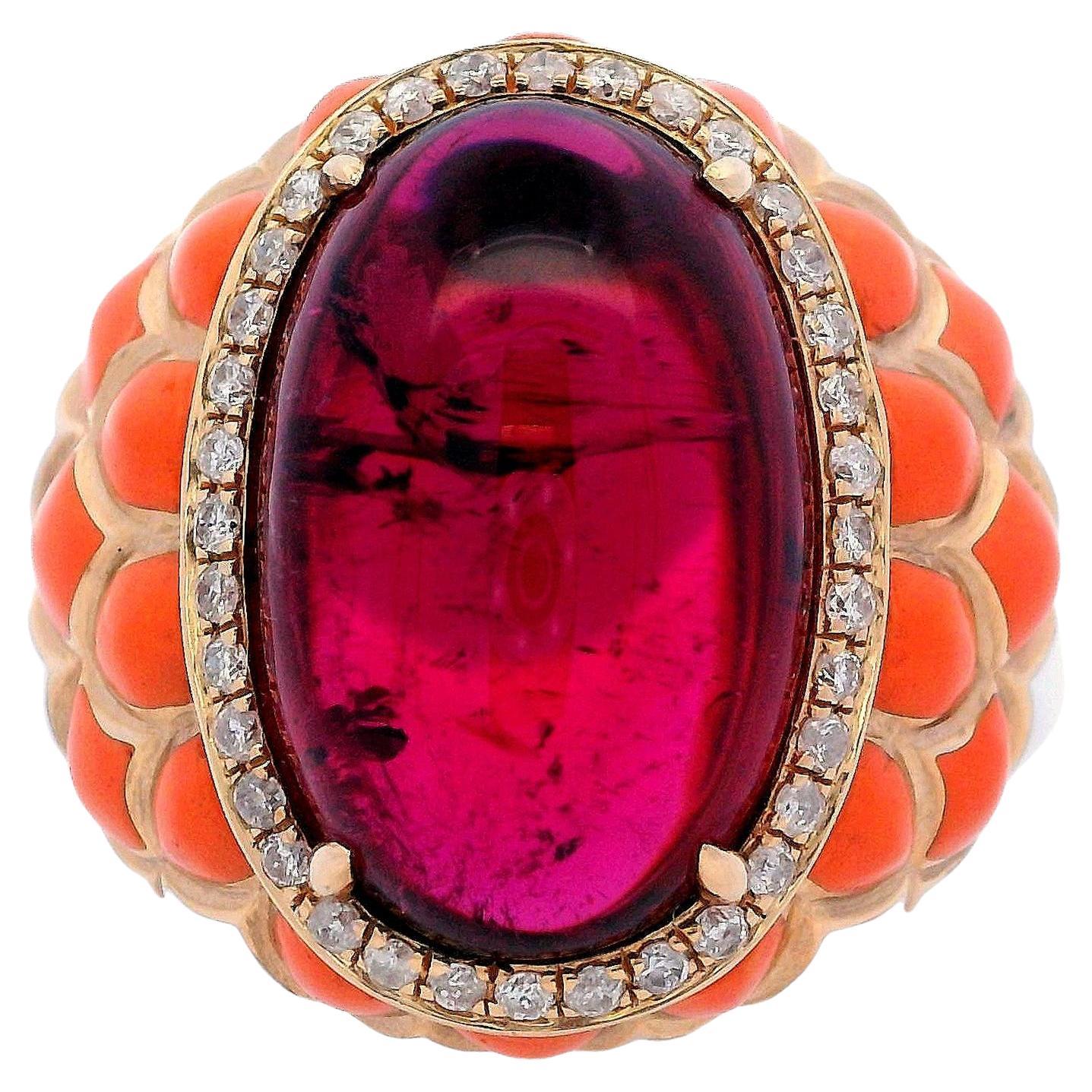 14kt Gold enamel Ring with Pink Tourmaline and Diamonds