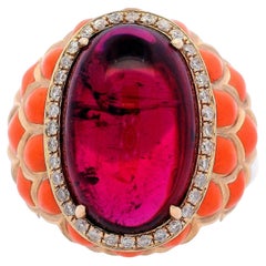 Anello con smalto in oro 14kt, tormalina rosa e diamanti