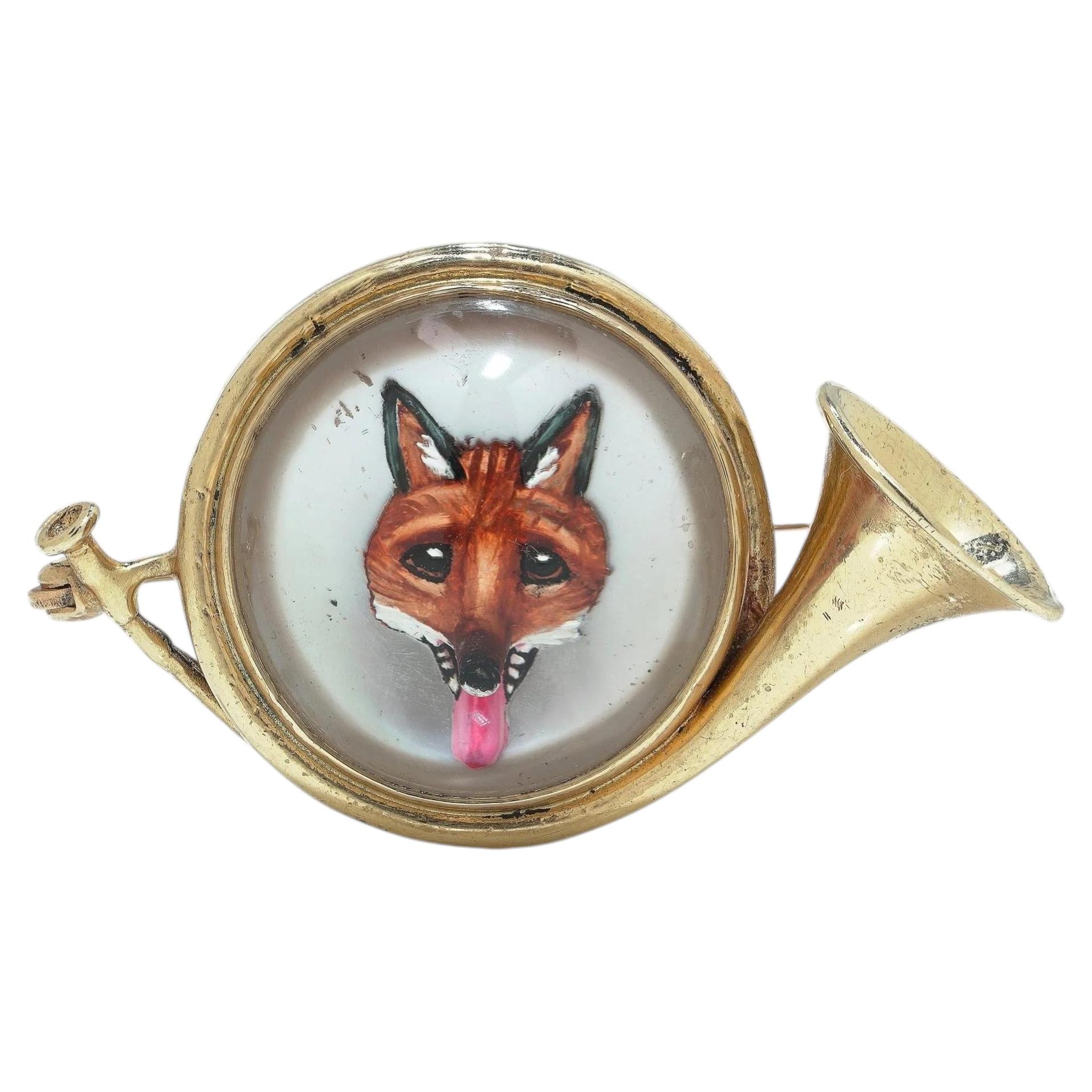 14KT Gold Essex Crystal Fox Hunting Horn Brooch, Circa 1910