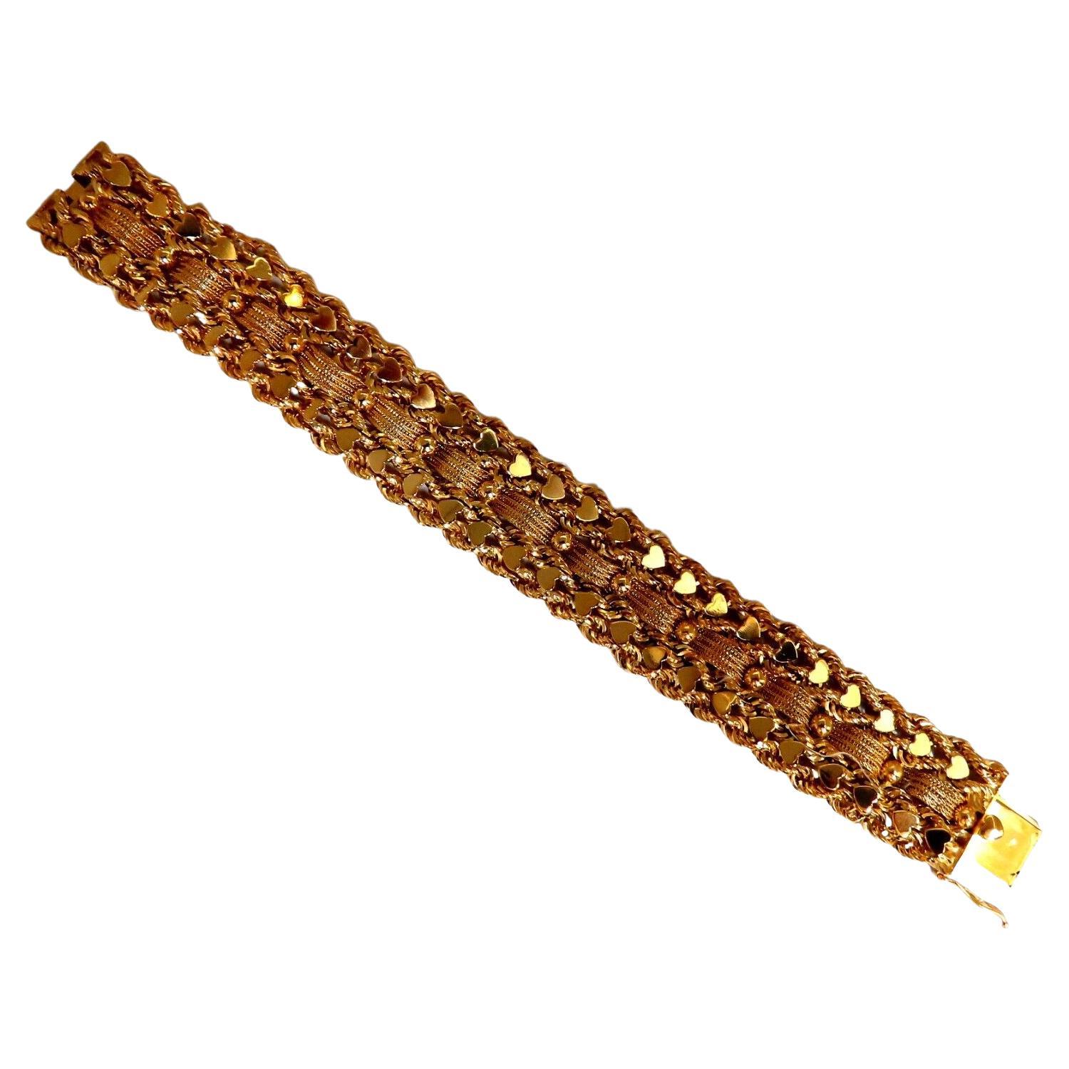 14kt Gold Hearts Rope & Tassel Vintage Hand Winded Intricate Bracelet