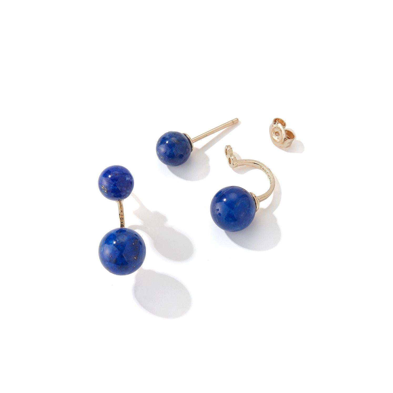 These cuties are beautifully made in New York city of 14kt yellow gold and lapis.  These are the perfect everyday earrings. The striking regal blue of the lapis is the right pop of color one truly needs. Earrings can be worn as a studs or with ear